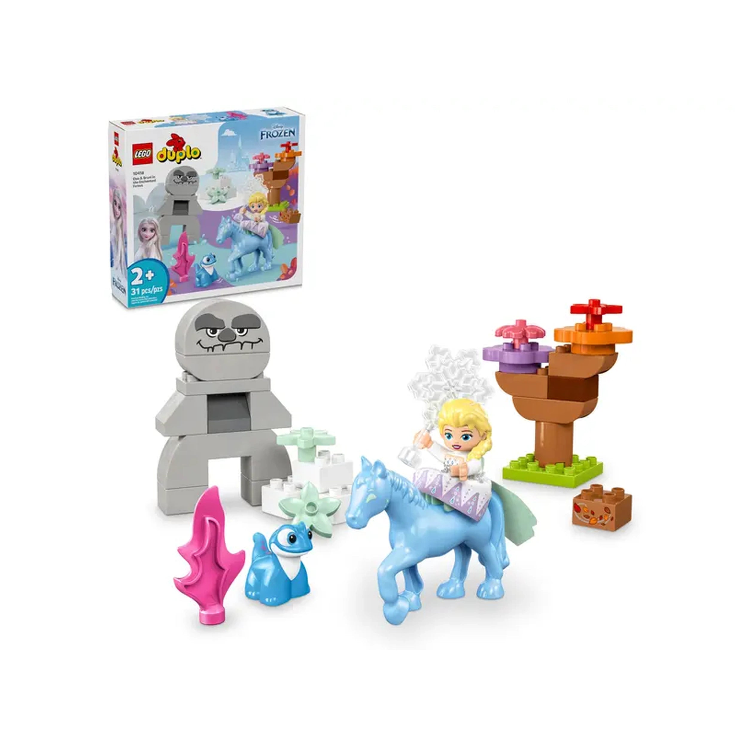 LEGO® DUPLO® Disney Elsa rides a blue horse in a colorful forest scene, surrounded by Bruni the salamander and playful accessories.