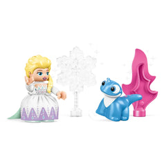 LEGO DUPLO Disney Elsa figure with blonde hair and a white dress, alongside Bruni the blue salamander and a snowflake element.