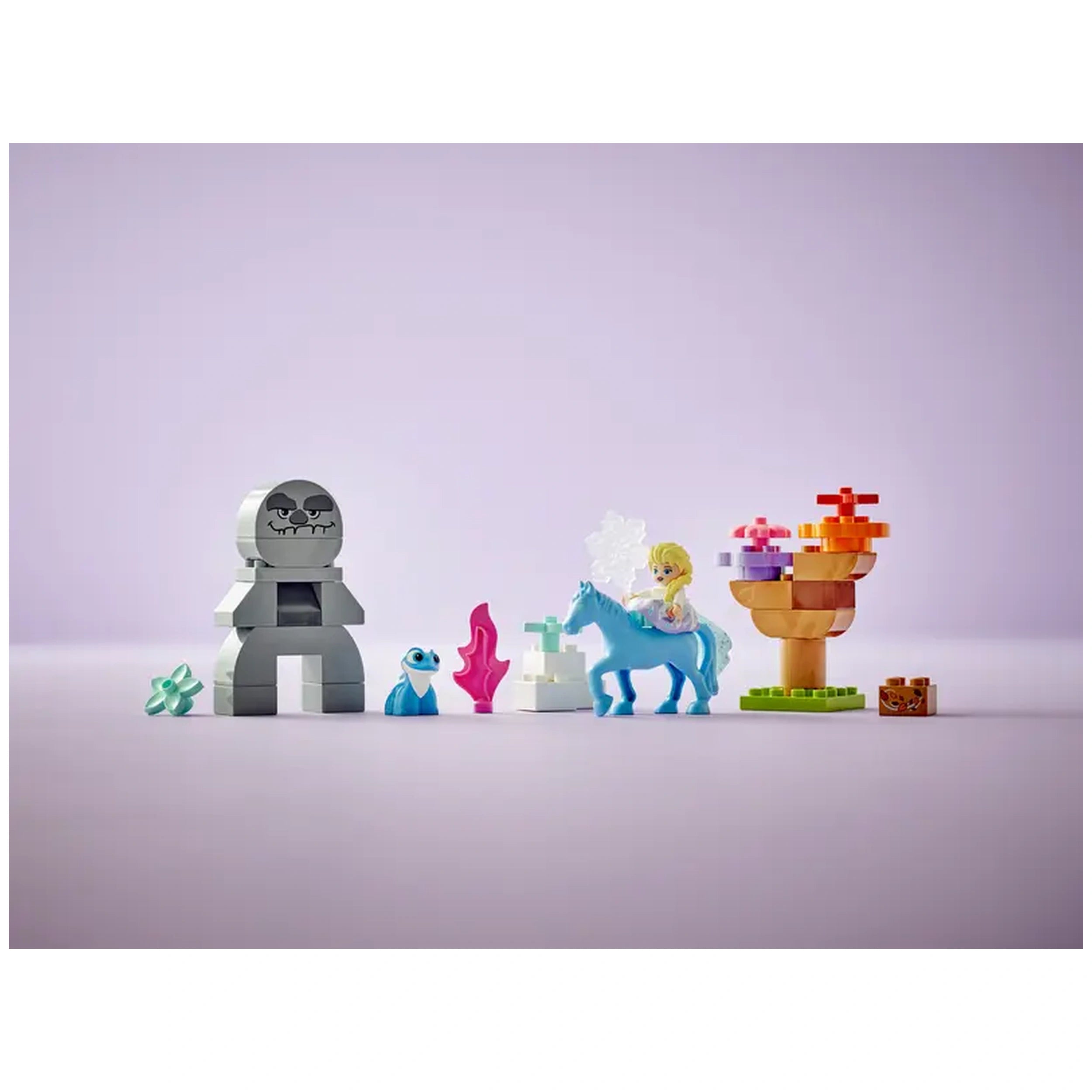 LEGO® DUPLO® set featuring Elsa riding a blue horse, Bruni the salamander, an Earth Giant, and colorful forest elements on a light background.