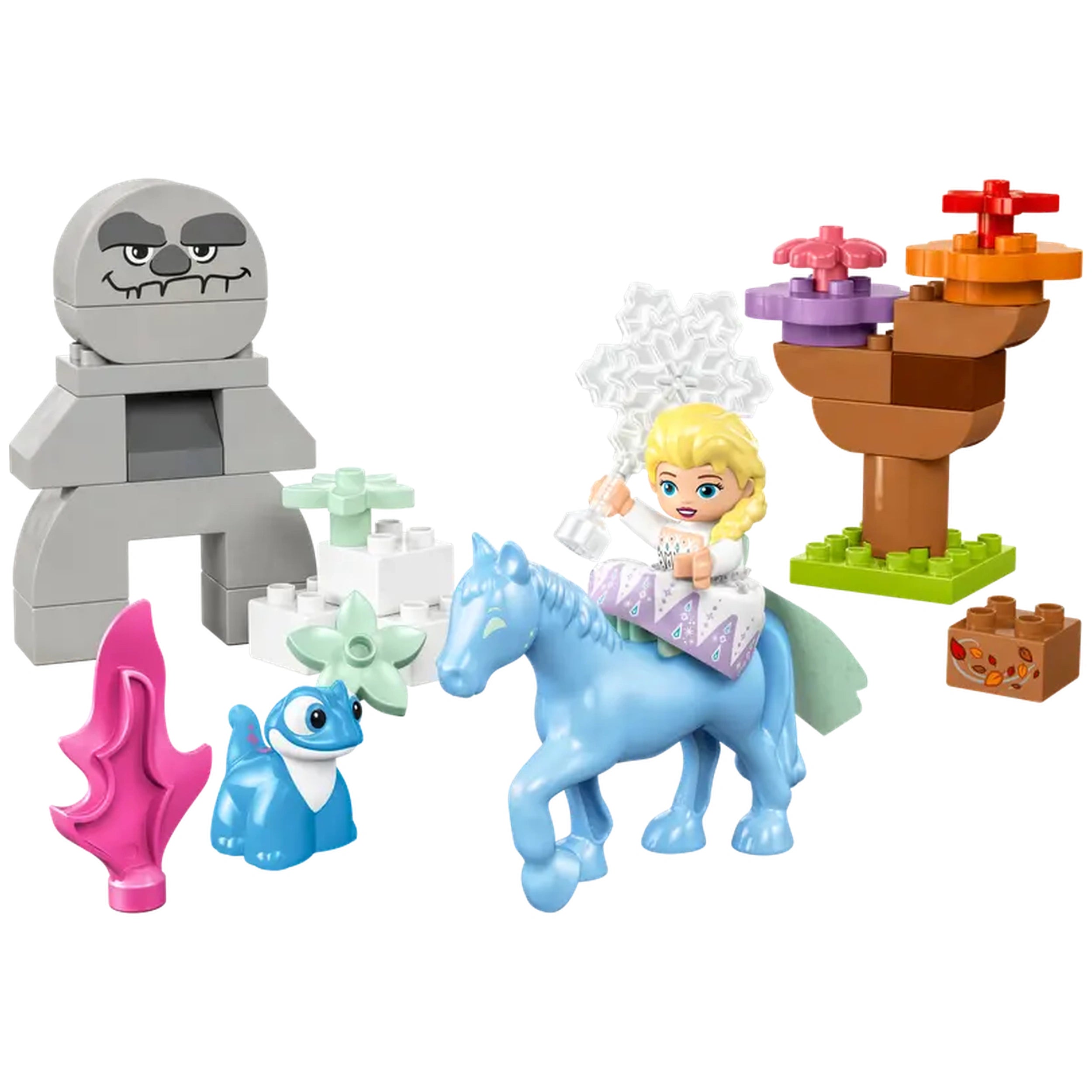 Elsa riding a blue water horse, holding a snowflake, surrounded by Bruni the salamander, the Earth Giant, vibrant trees, and snowy elements.