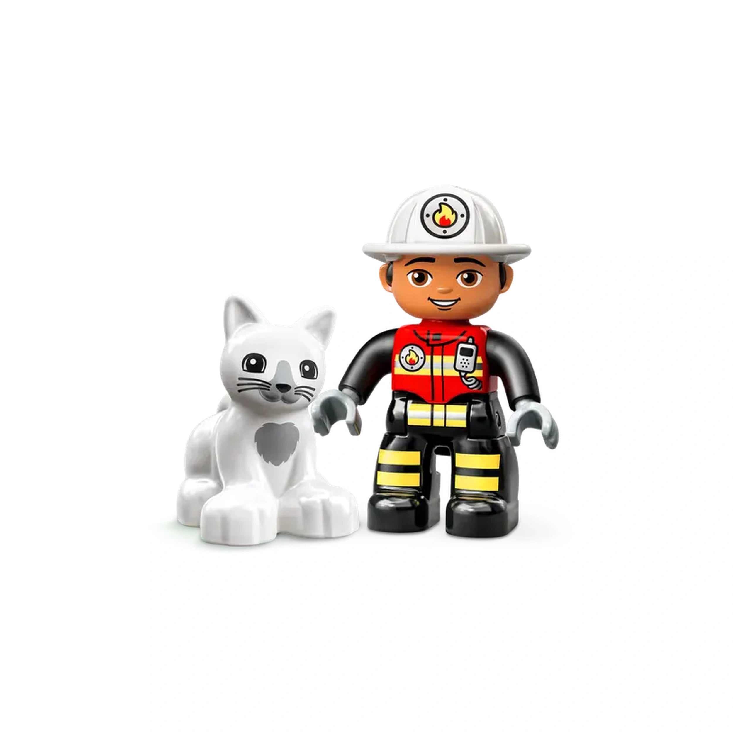 A smiling firefighter figure in a red and black suit stands next to a white cat, both set against a plain background.