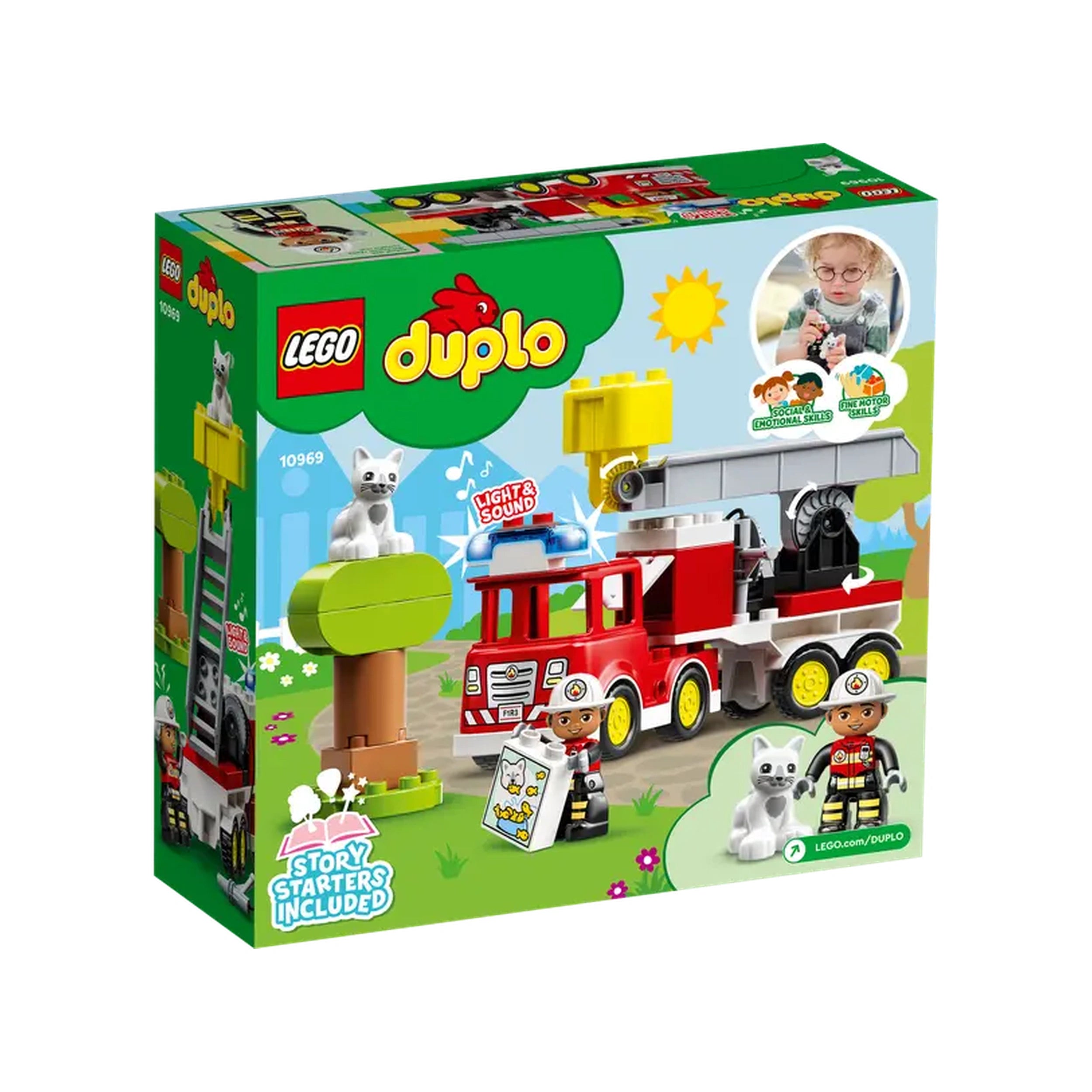 LEGO® DUPLO® Rescue Fire Truck construction set featuring a vibrant red fire truck, movable ladder, tree, and playful cat. Ideal for imaginative play.