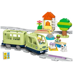 Interactive LEGO® DUPLO® Adventure Train set featuring a green train, two characters, a tree, house, and building bricks, inviting imaginative play.