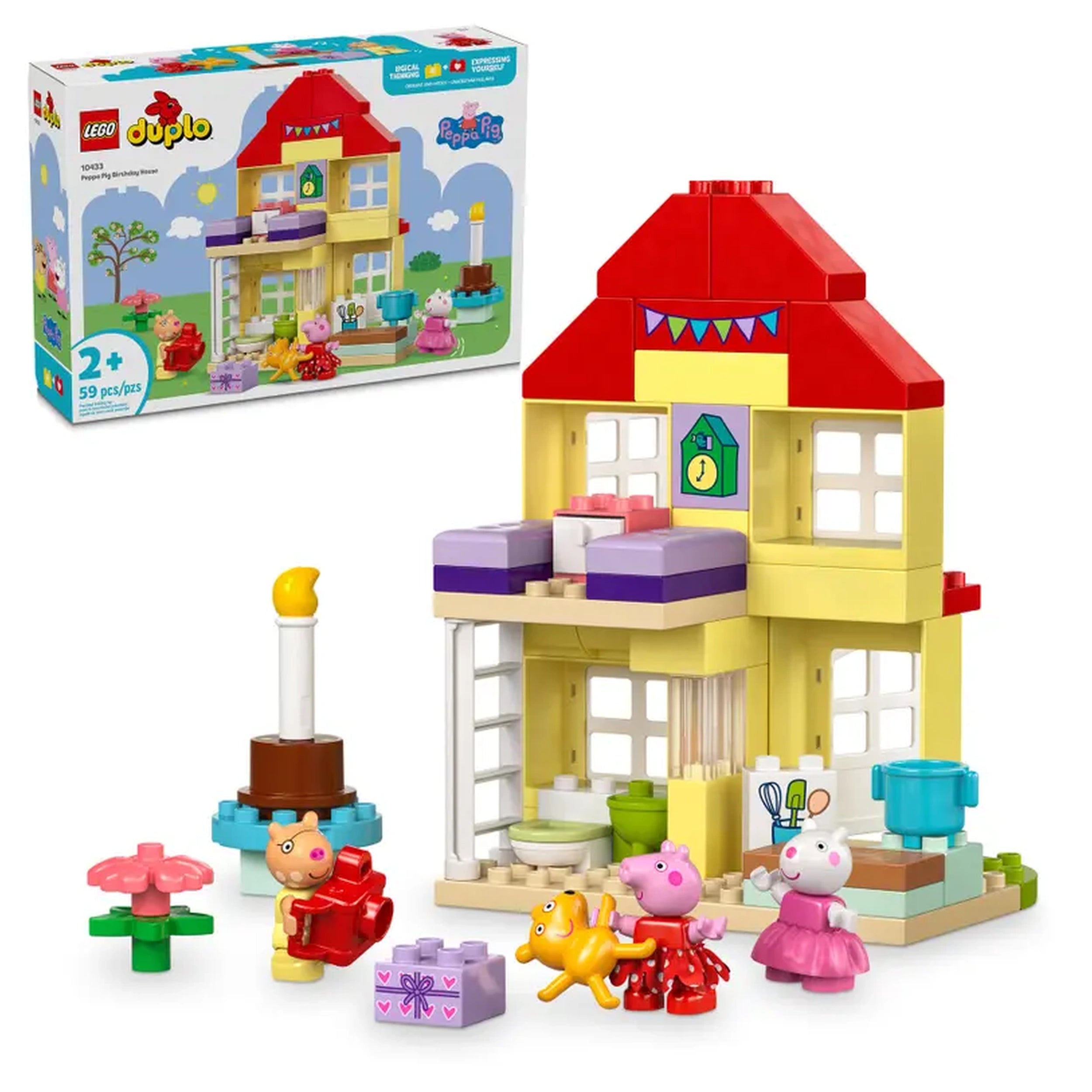 LEGO® DUPLO® Peppa Pig Birthday House set featuring colorful block construction and mini figures of Peppa and friends celebrating, with a cake, gifts, and vibrant decorations.