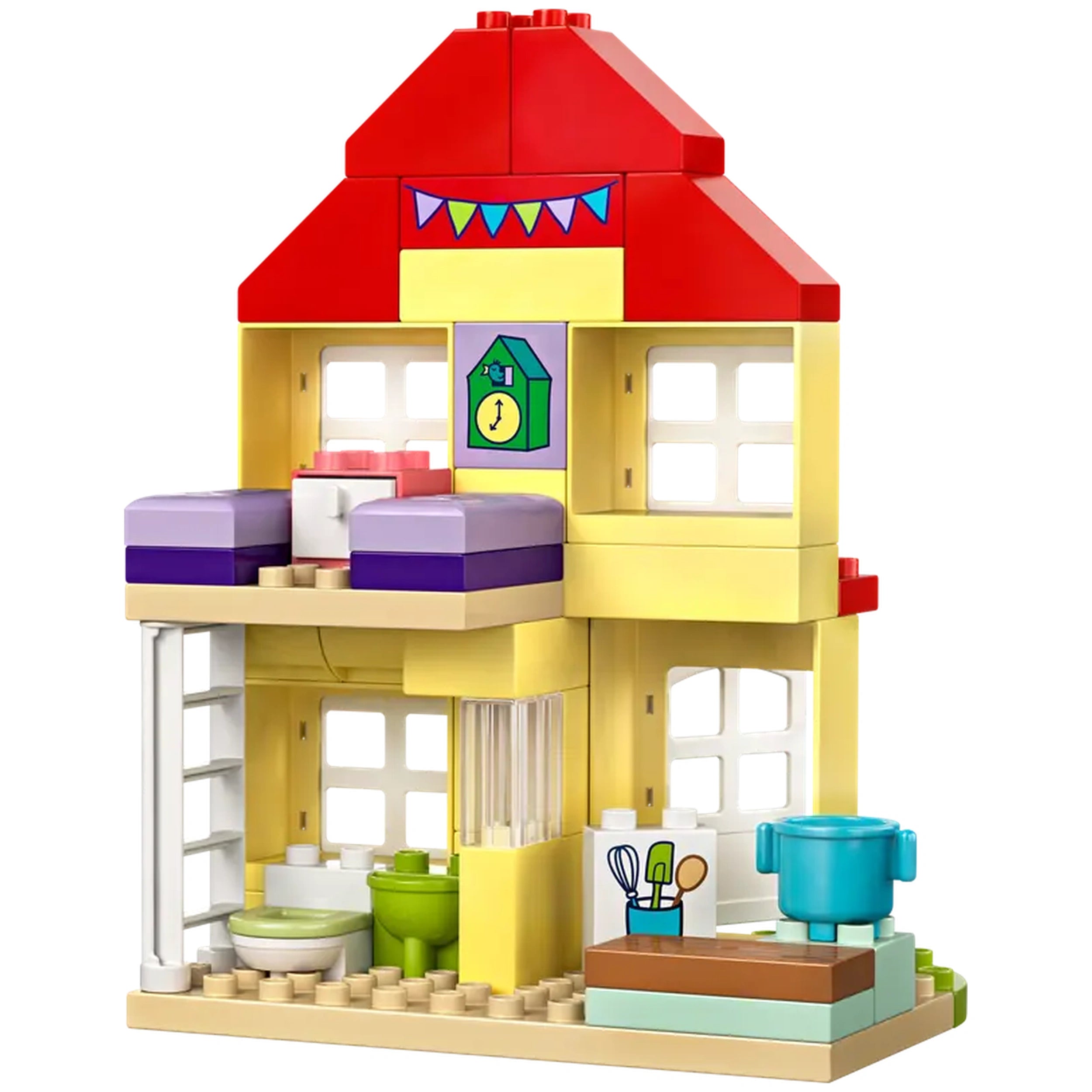 Colorful LEGO® DUPLO® Peppa Pig Birthday House with a red roof, featuring a cozy bedroom, kitchen, and bathroom areas for imaginative play.