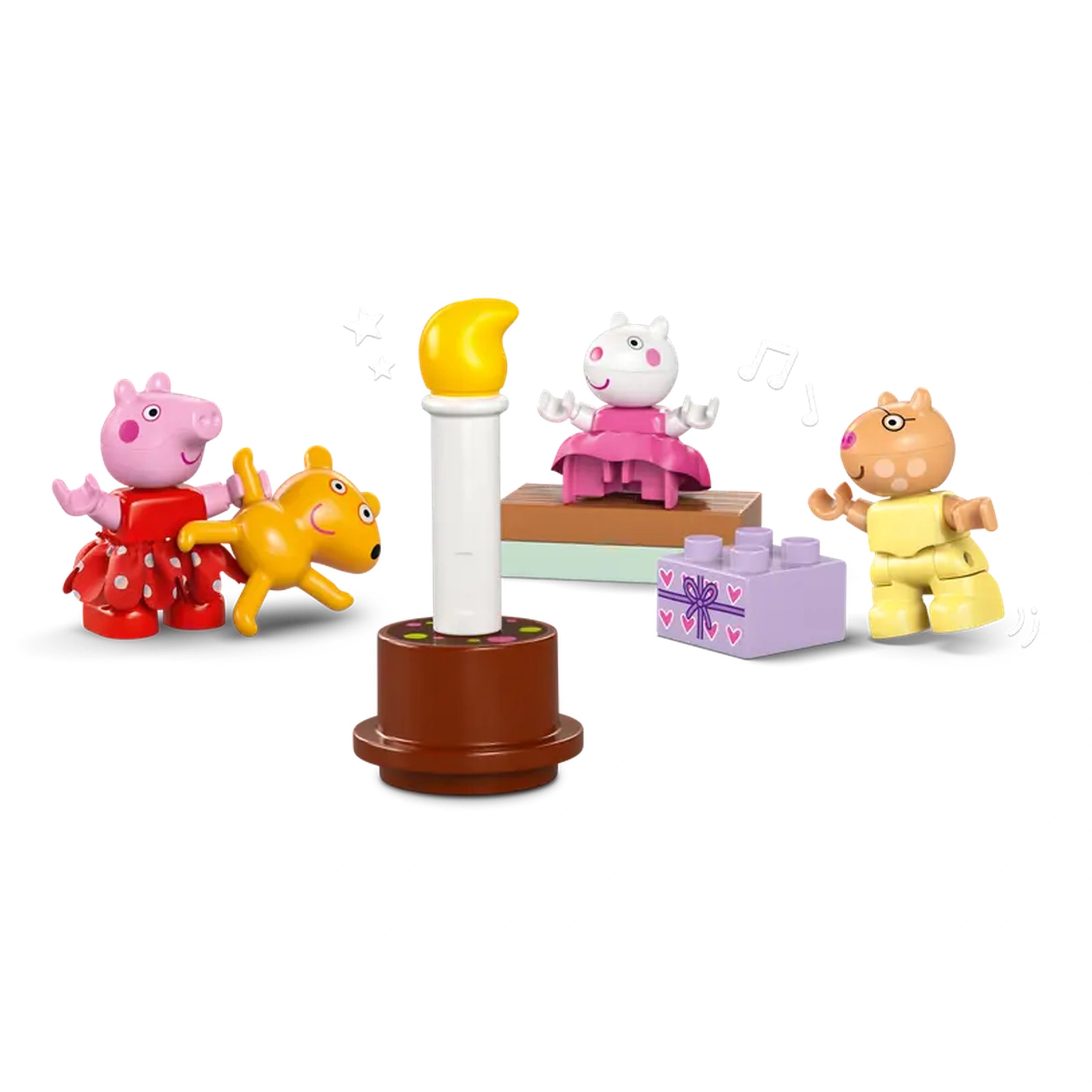 Four colorful LEGO® DUPLO® figures celebrate at a birthday party, including Peppa Pig in a red dress, a yellow dog, and two other characters, with a candle on a cake and gift boxes nearby.