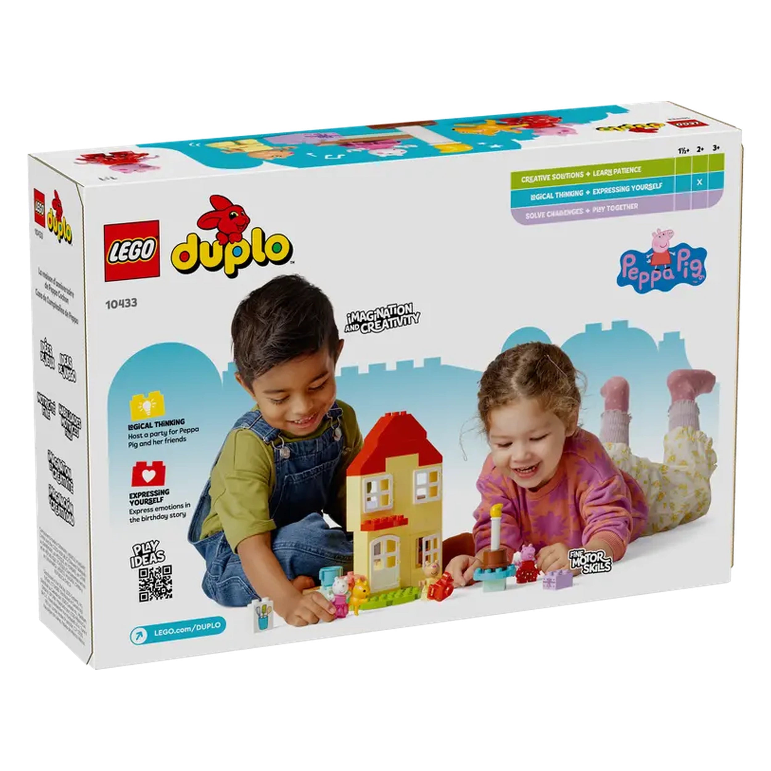 Two children engaged in imaginative play with the LEGO® DUPLO® Peppa Pig Birthday House construction set, featuring a colorful house and birthday cake elements.