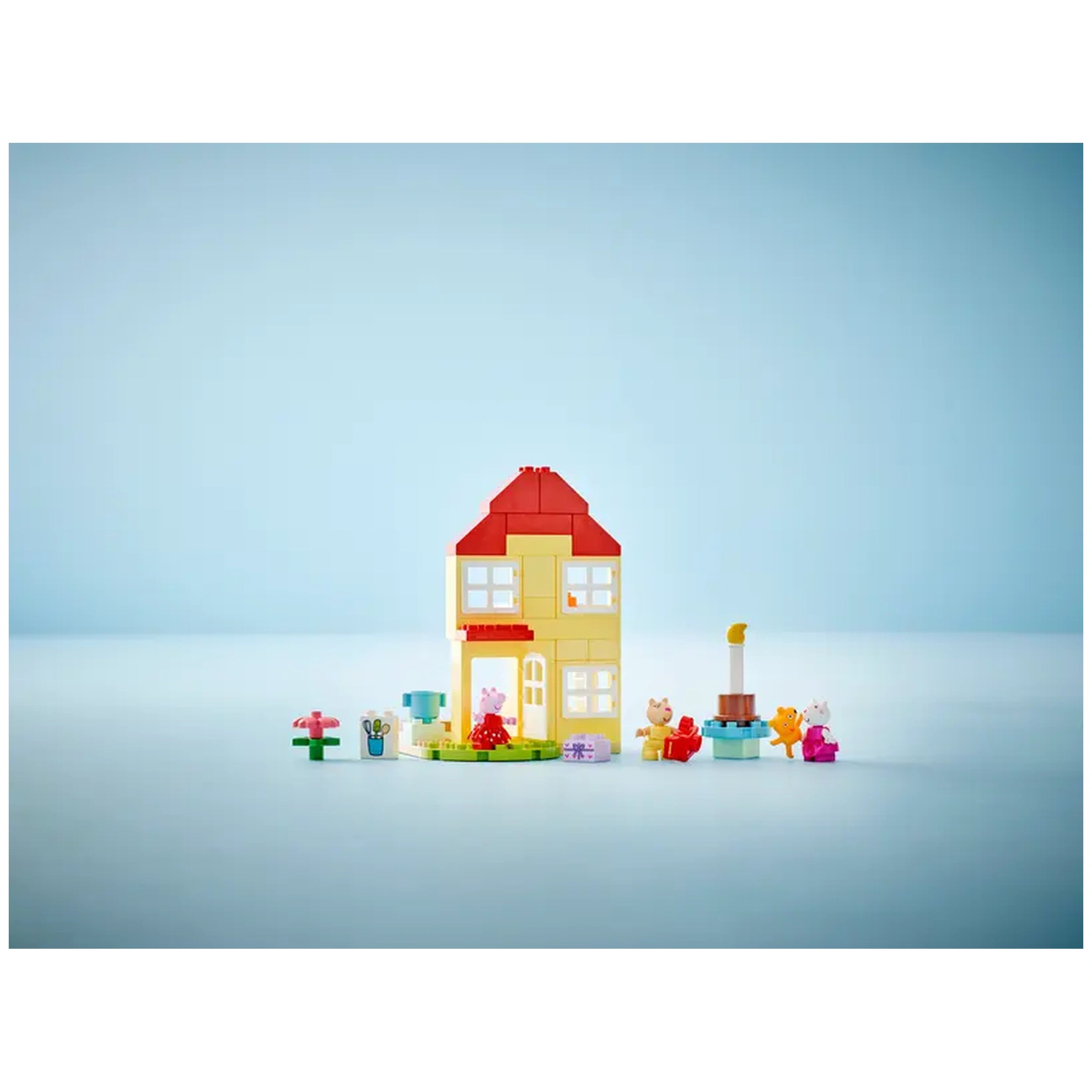 LEGO® DUPLO® Peppa Pig Birthday House set with colorful building blocks, including Peppa and friends, gifts, and a flower pot.