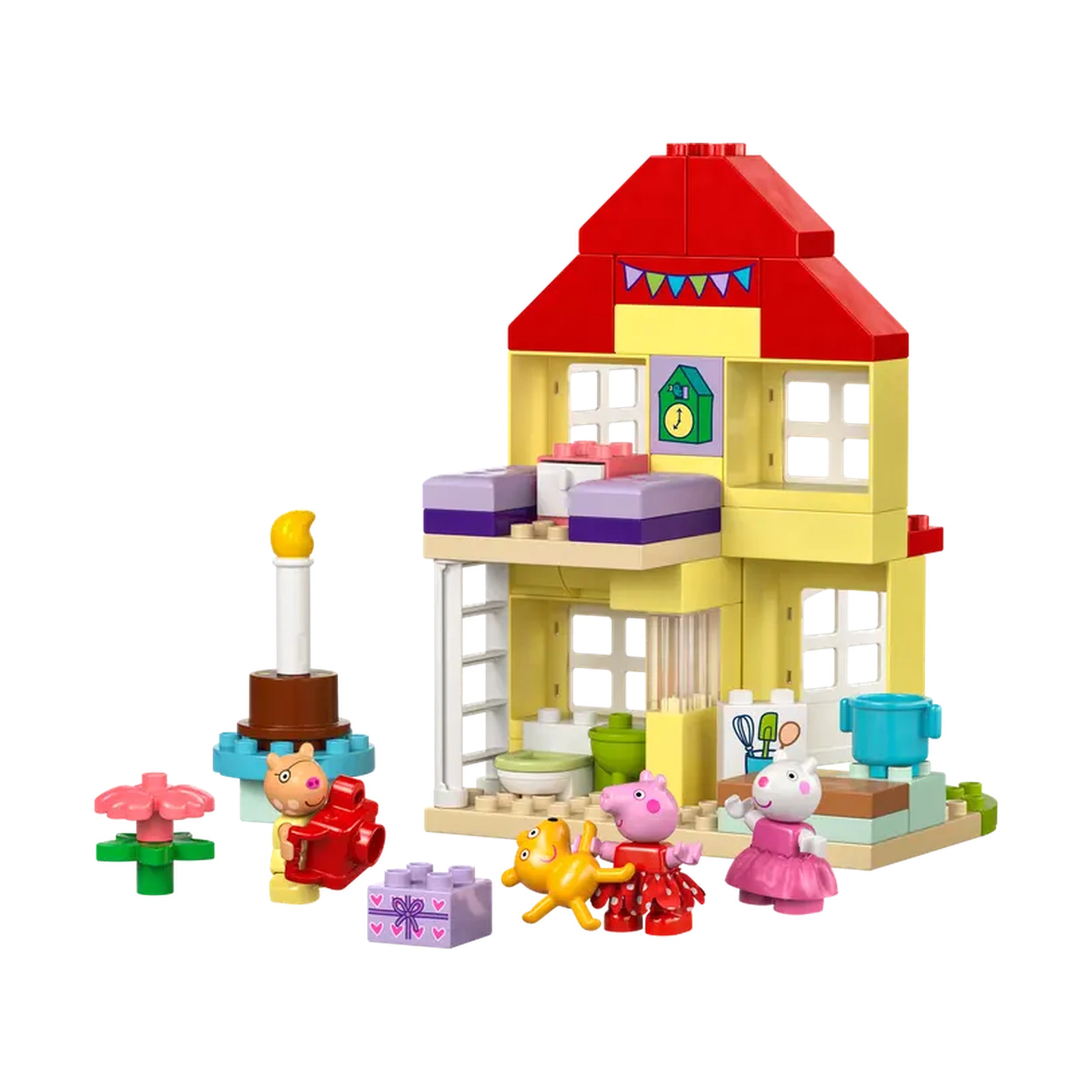 Colorful LEGO® DUPLO® Peppa Pig Birthday House set featuring a two-story house with a red roof, toys, and figures of Peppa and friends celebrating with a cake and gifts.