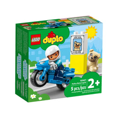 LEGO® DUPLO® Police Motorcycle set featuring a blue motorcycle, a smiling police officer, and an adorable dog beside a 'lost dog' poster.