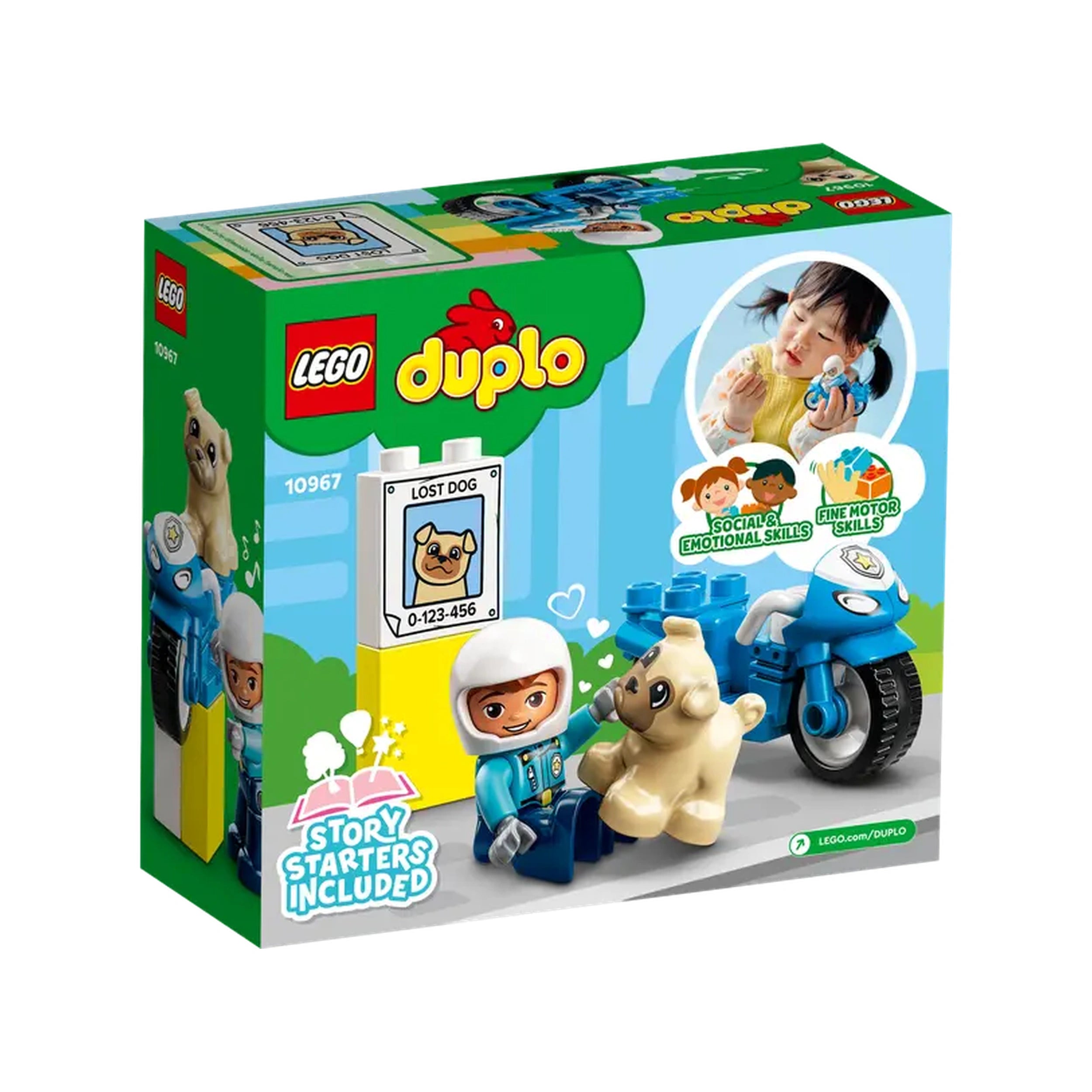 LEGO® DUPLO® Rescue Police Motorcycle set displays a playful police officer figure sitting next to a cute dog, with a ‘lost dog’ poster and a blue motorcycle in a colorful box design.
