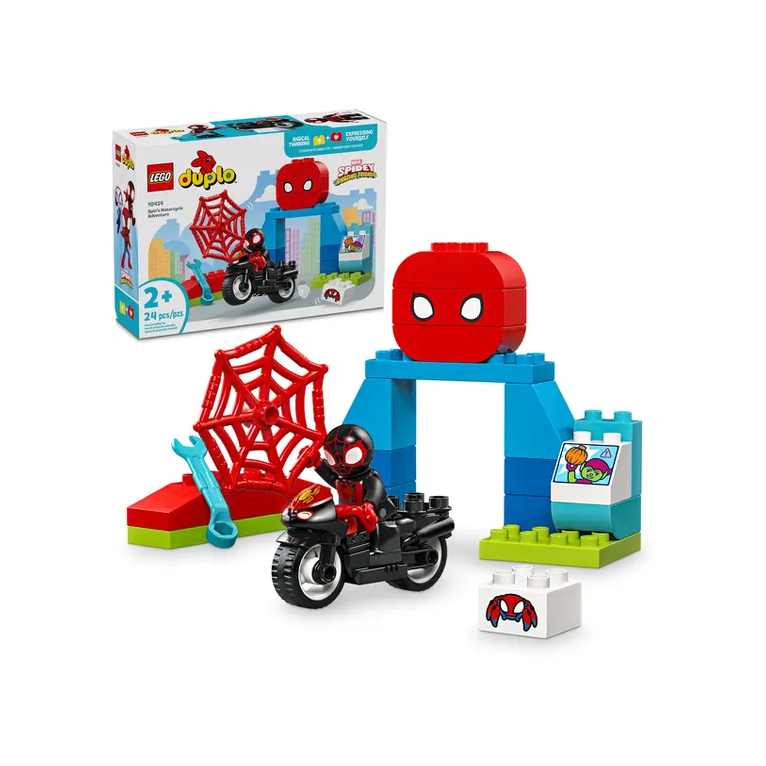 LEGO DUPLO Marvel Spin's Motorcycle Adventure set featuring a red motorcycle, Spider-Man figure, colorful building pieces, and a spider web.