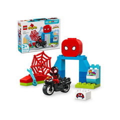 LEGO DUPLO Marvel Spin's Motorcycle Adventure set featuring a red motorcycle, Spider-Man figure, colorful building pieces, and a spider web.