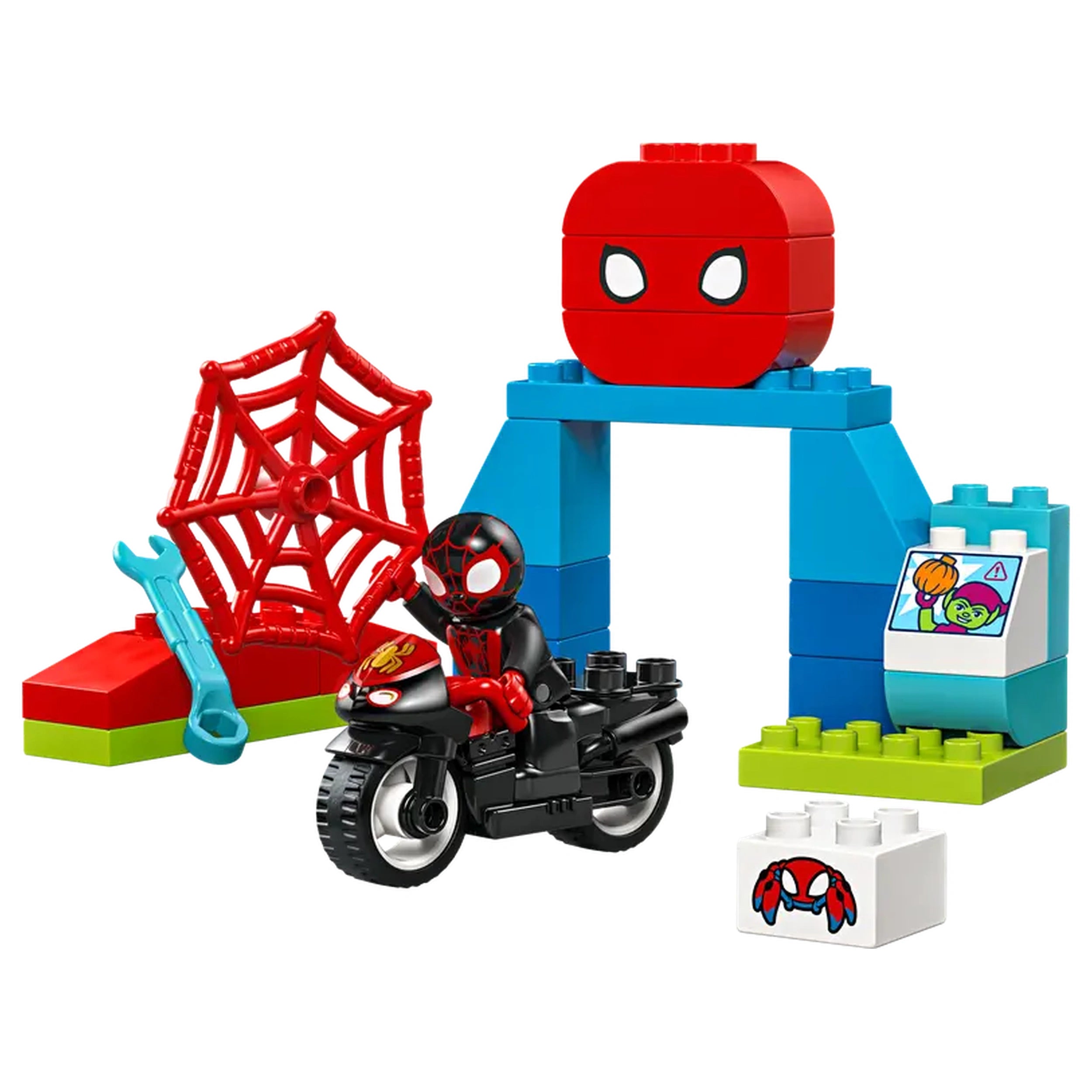 LEGO DUPLO Marvel Spin’s Motorcycle Adventure set featuring a Spider-Man figure on a black motorcycle, a red spider web, and colorful building elements.