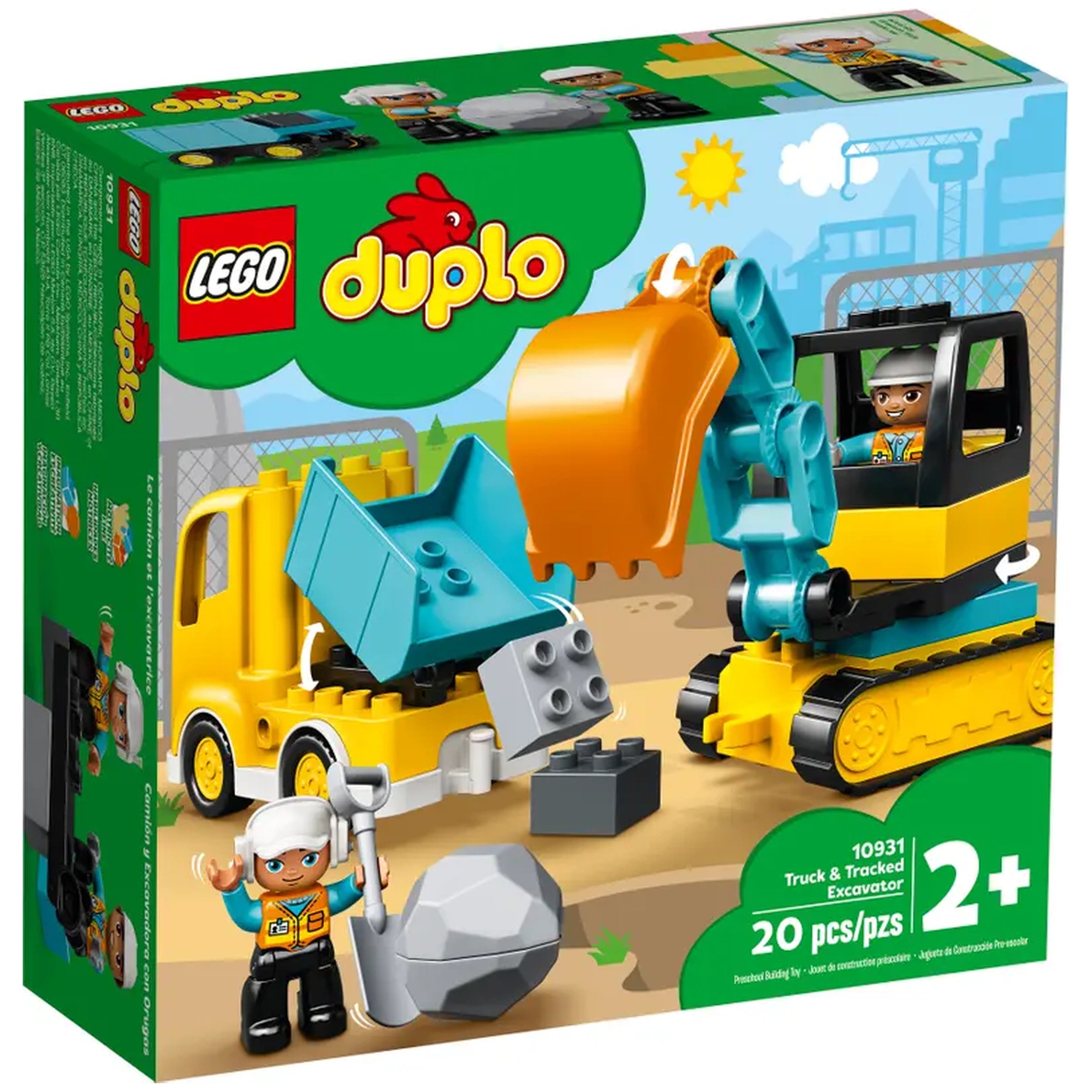 LEGO® DUPLO® Truck & Tracked Excavator set featuring a yellow truck and teal excavator. Included are two construction-worker figures, a bucket, and gray boulders for imaginative play.