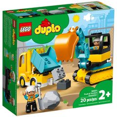 LEGO® DUPLO® Truck & Tracked Excavator set featuring a yellow truck and teal excavator. Included are two construction-worker figures, a bucket, and gray boulders for imaginative play.