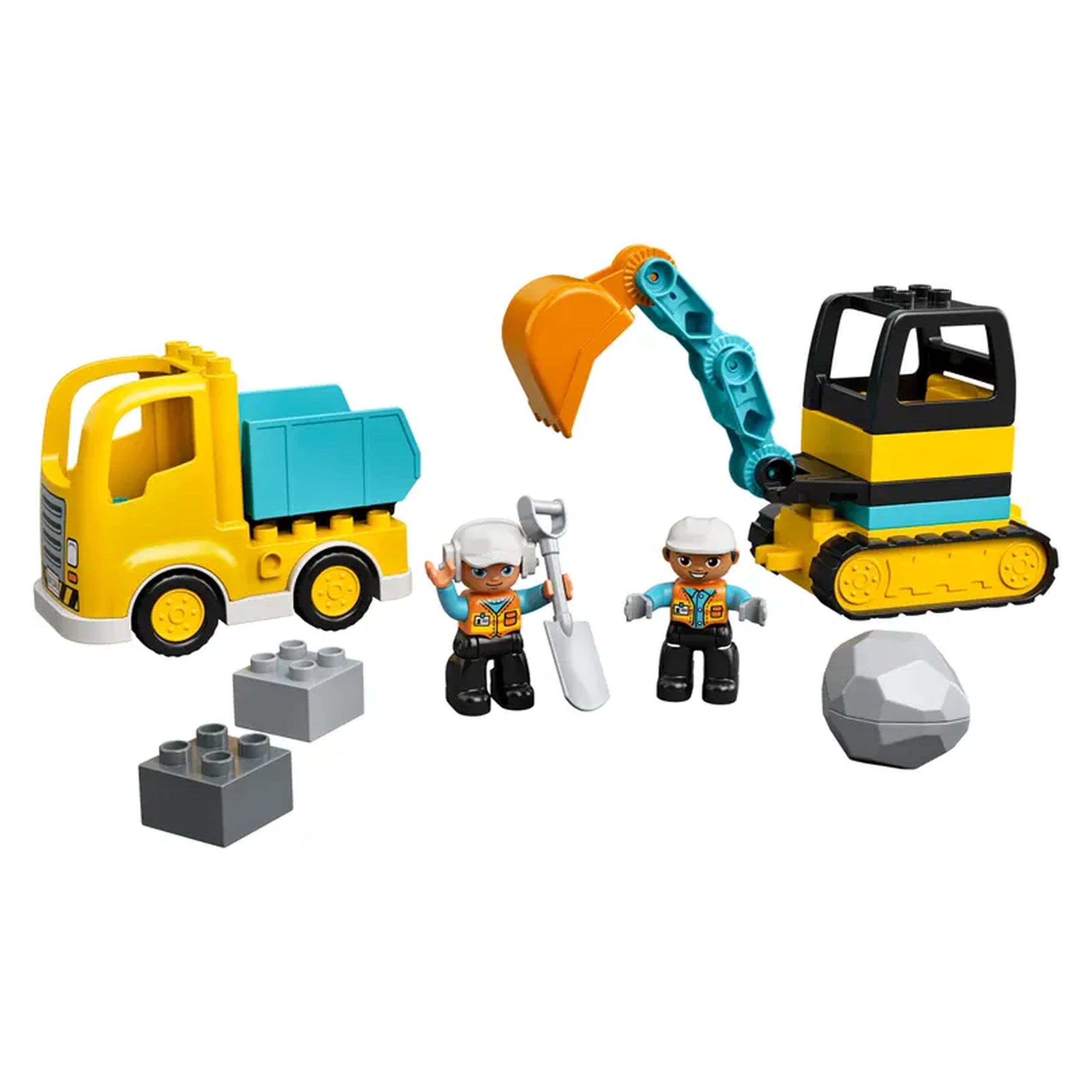 Two cheerful construction worker figures beside a vibrant yellow truck and a blue and black tracked excavator, with toy boulders.