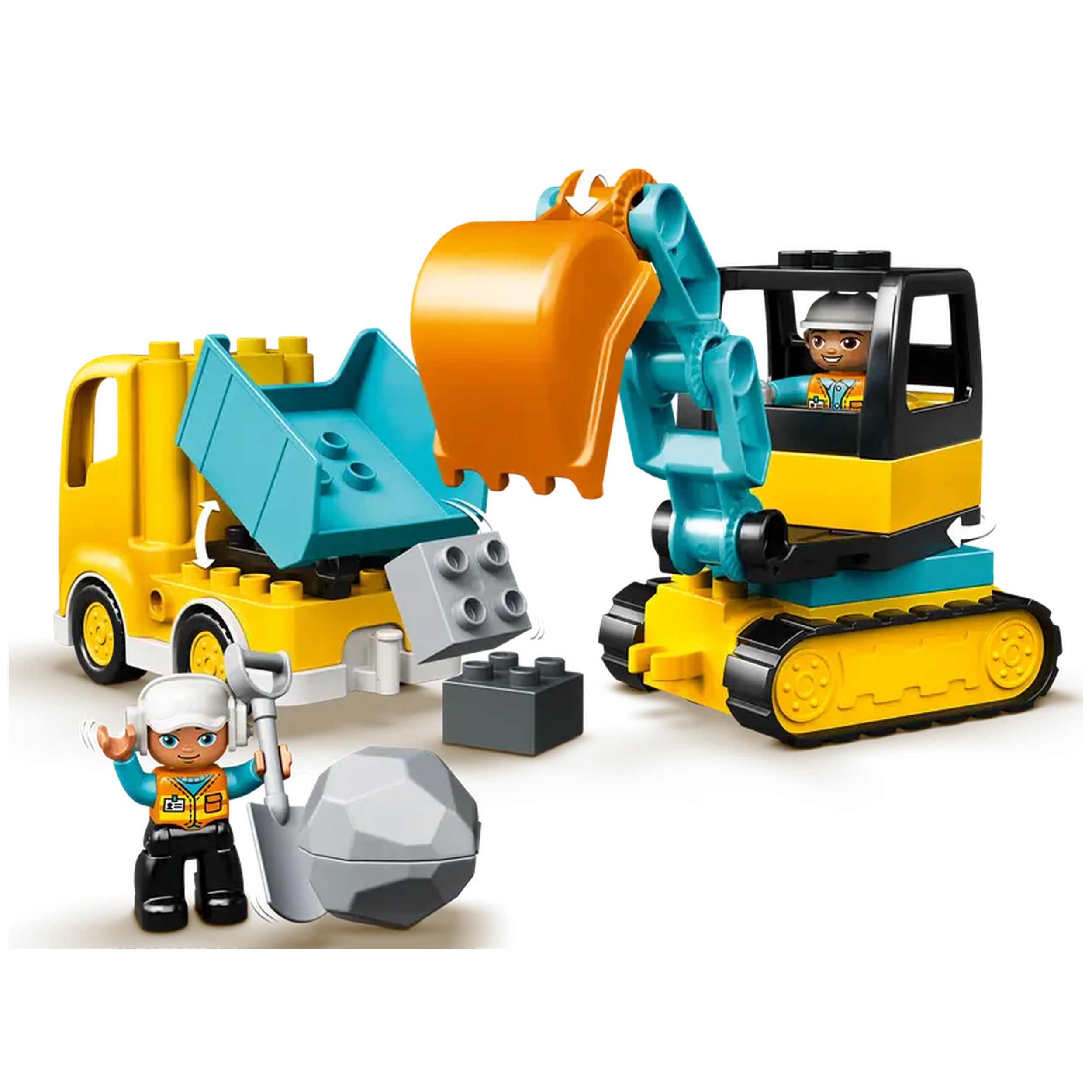 LEGO® DUPLO® Truck in bright yellow with a tipping feature, alongside a tracked excavator in black and teal, and a construction worker figure holding a shovel.