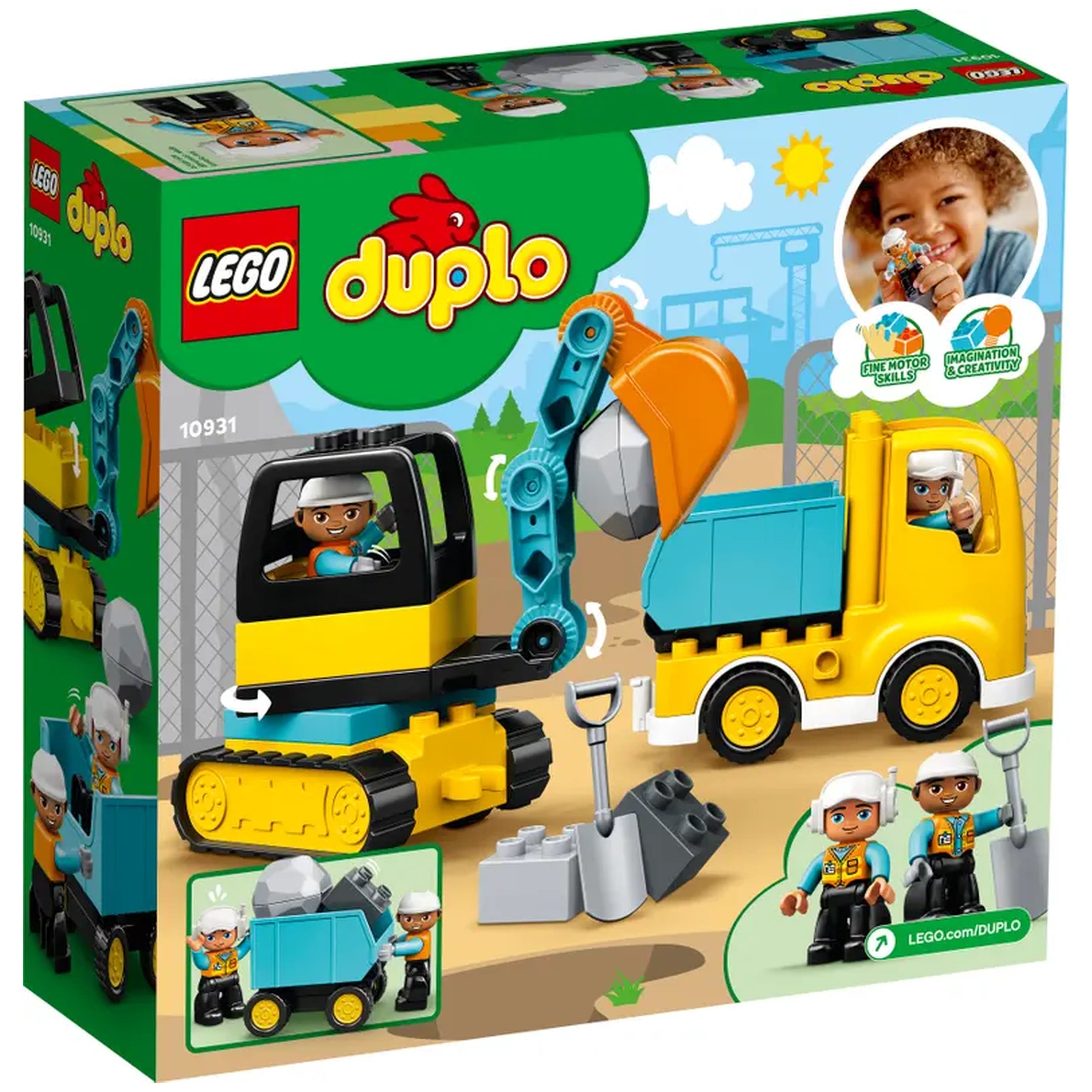 LEGO® DUPLO® Truck and Tracked Excavator construction set featuring vibrant colors, two construction-worker figures, and interactive vehicles designed for toddlers.