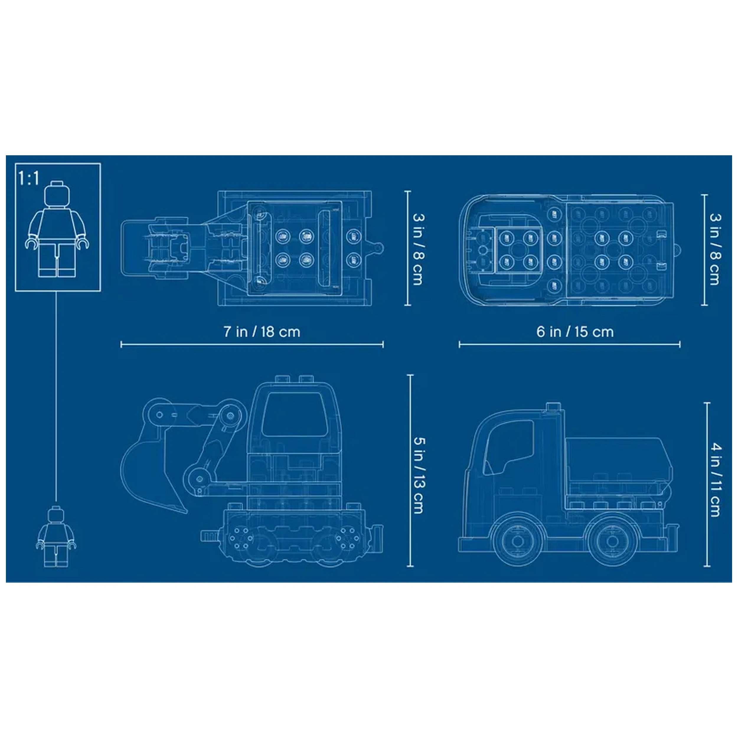 LEGO® DUPLO® Truck and Tracked Excavator construction set layout on a blue background, featuring dimensions and a figure for scale.