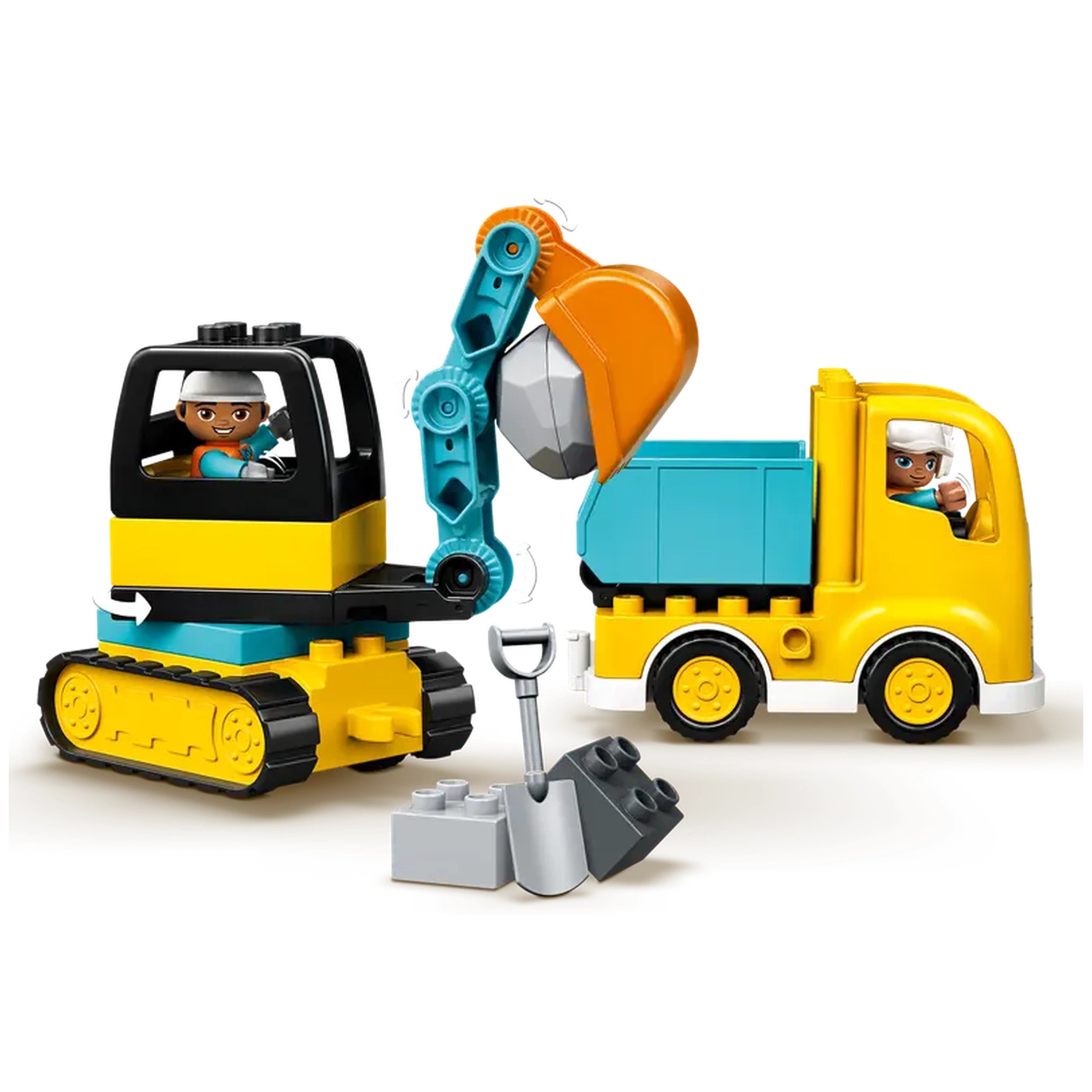 LEGO® DUPLO® Truck & Tracked Excavator set featuring a yellow truck and a black excavator with a rotating digger, two construction-worker figures, and building blocks, promoting imaginative play and fine motor skills.