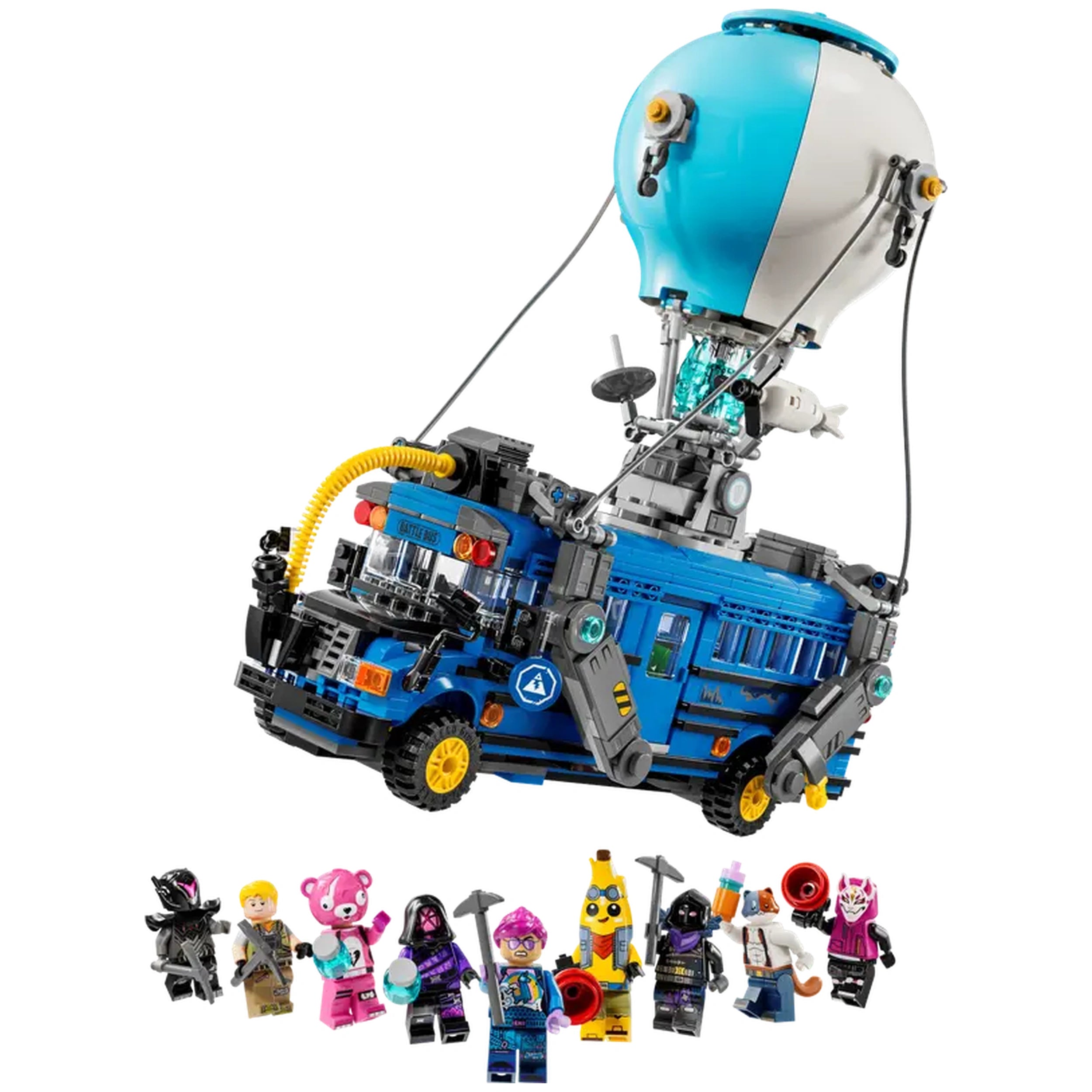 Colorful LEGO Fortnite Battle Bus set features a blue bus with a hot-air balloon on top. Includes nine detailed character figures, showcasing various skins from the game.