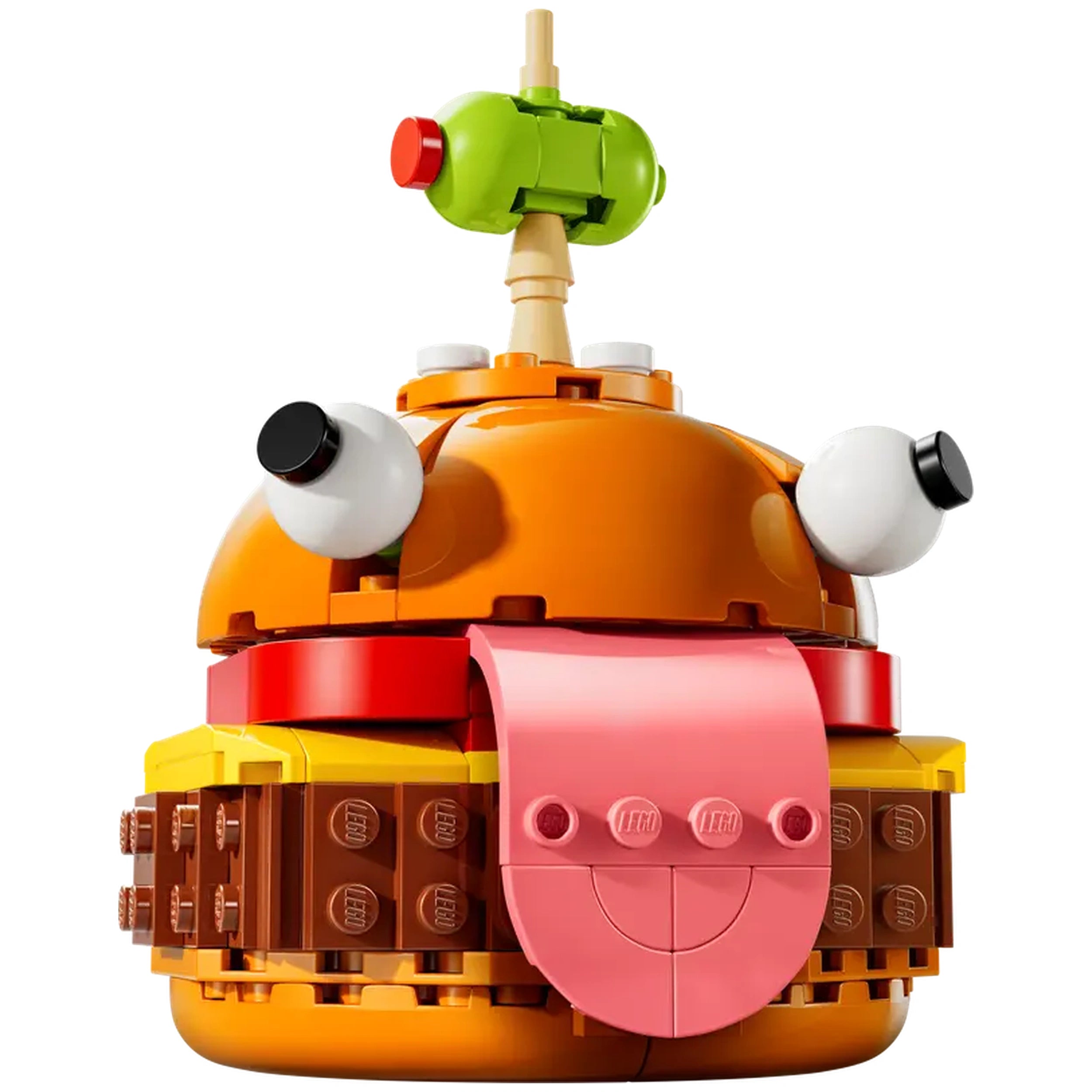 Vibrantly colored LEGO® Fortnite Durrr Burger construction set, featuring a smiling face with expressive eyes and a playful tongue sticking out, topped with a green olive on a toothpick.