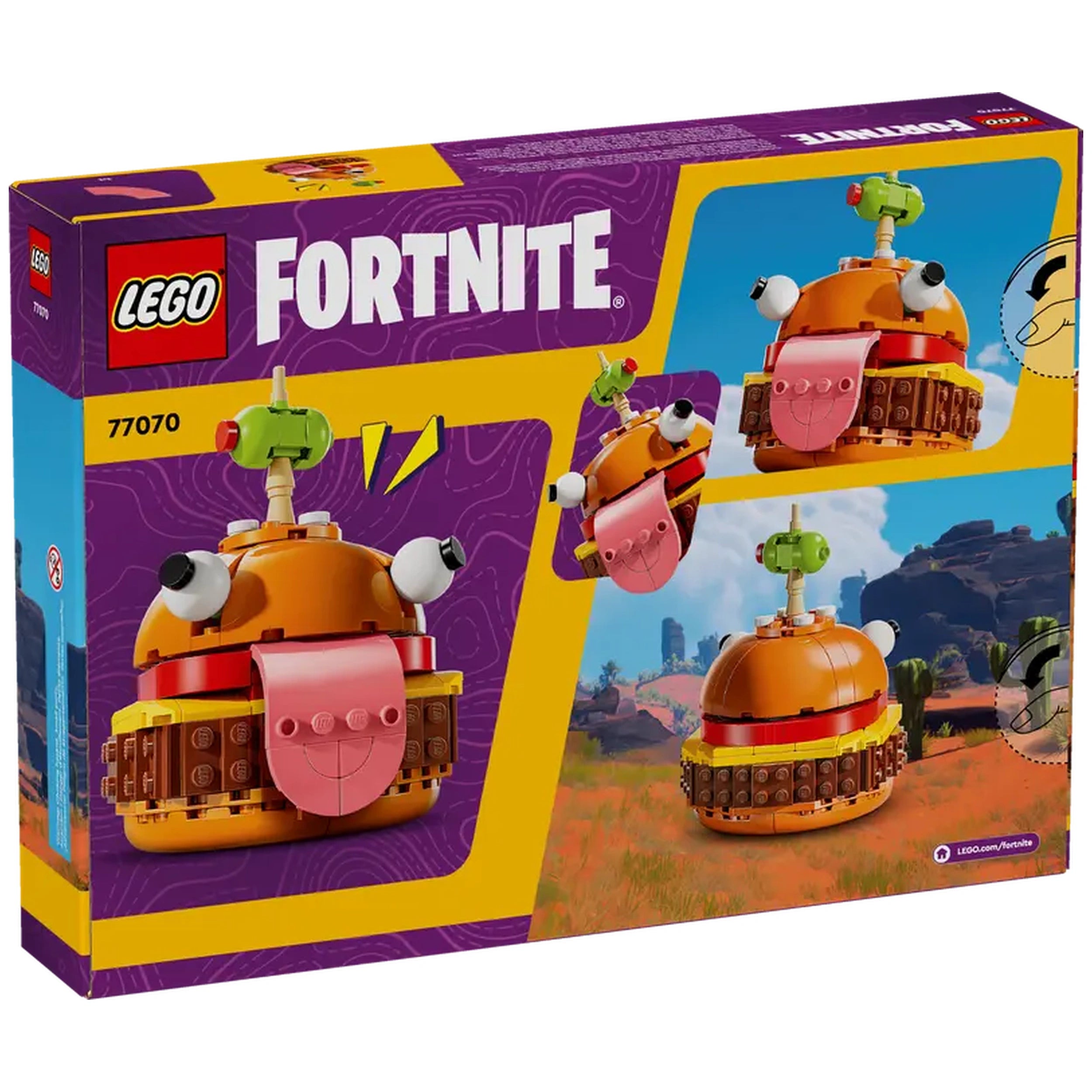 LEGO Fortnite Durrr Burger construction set box showcasing vibrant colors, featuring the quirky burger model with expressive eyes and a playful tongue.