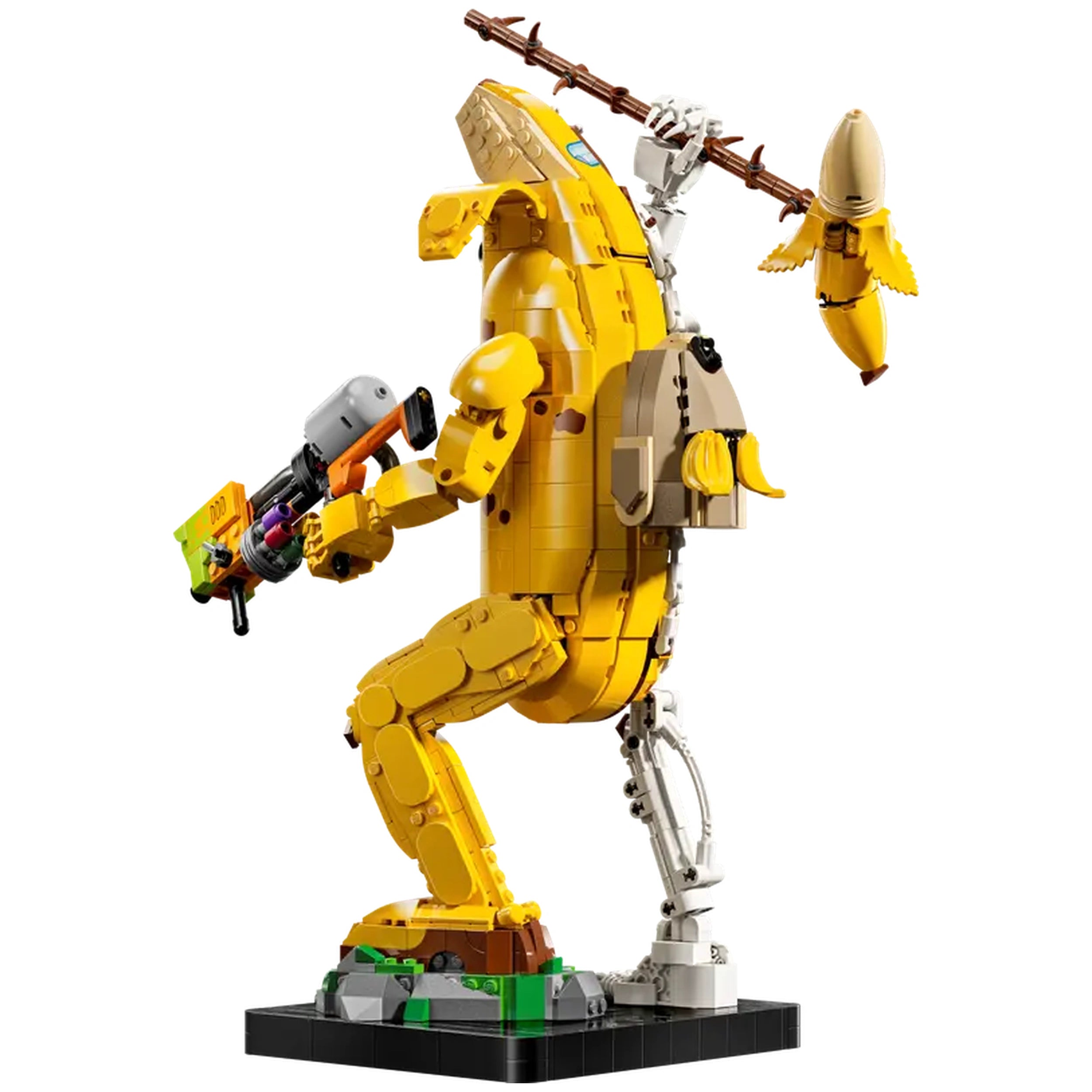 LEGO® Fortnite Peely Bone construction set featuring a whimsical yellow banana-skeleton character holding a weapon and a spear, standing on a black base.