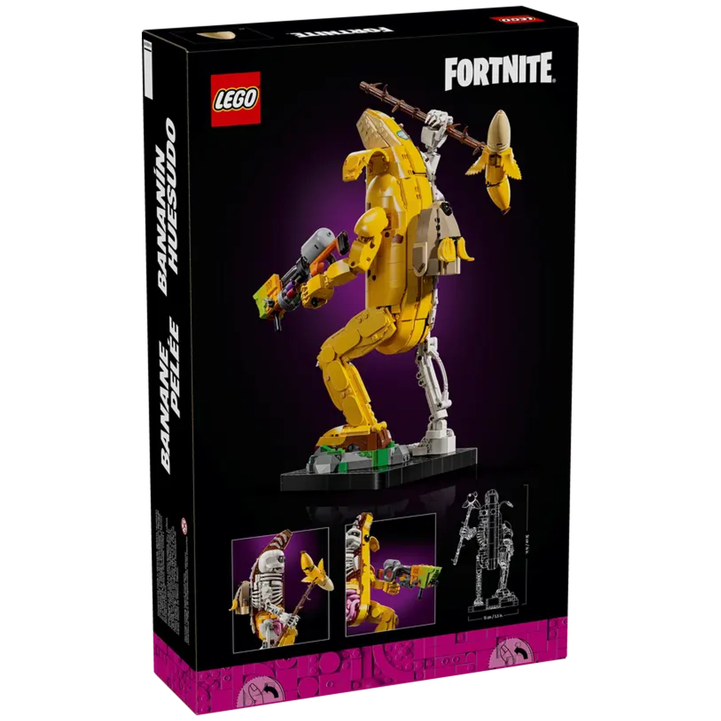 LEGO Fortnite Peely Bone construction set displayed from the side, showcasing a tall yellow banana-skeleton figure holding a weapon, set against a black background. The box features vibrant purple highlights and smaller images of the figure in various poses.