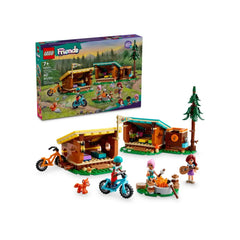 LEGO Friends Adventure Camp Cozy Cabins set featuring two cabins, three mini-dolls, a fox, and camping accessories.