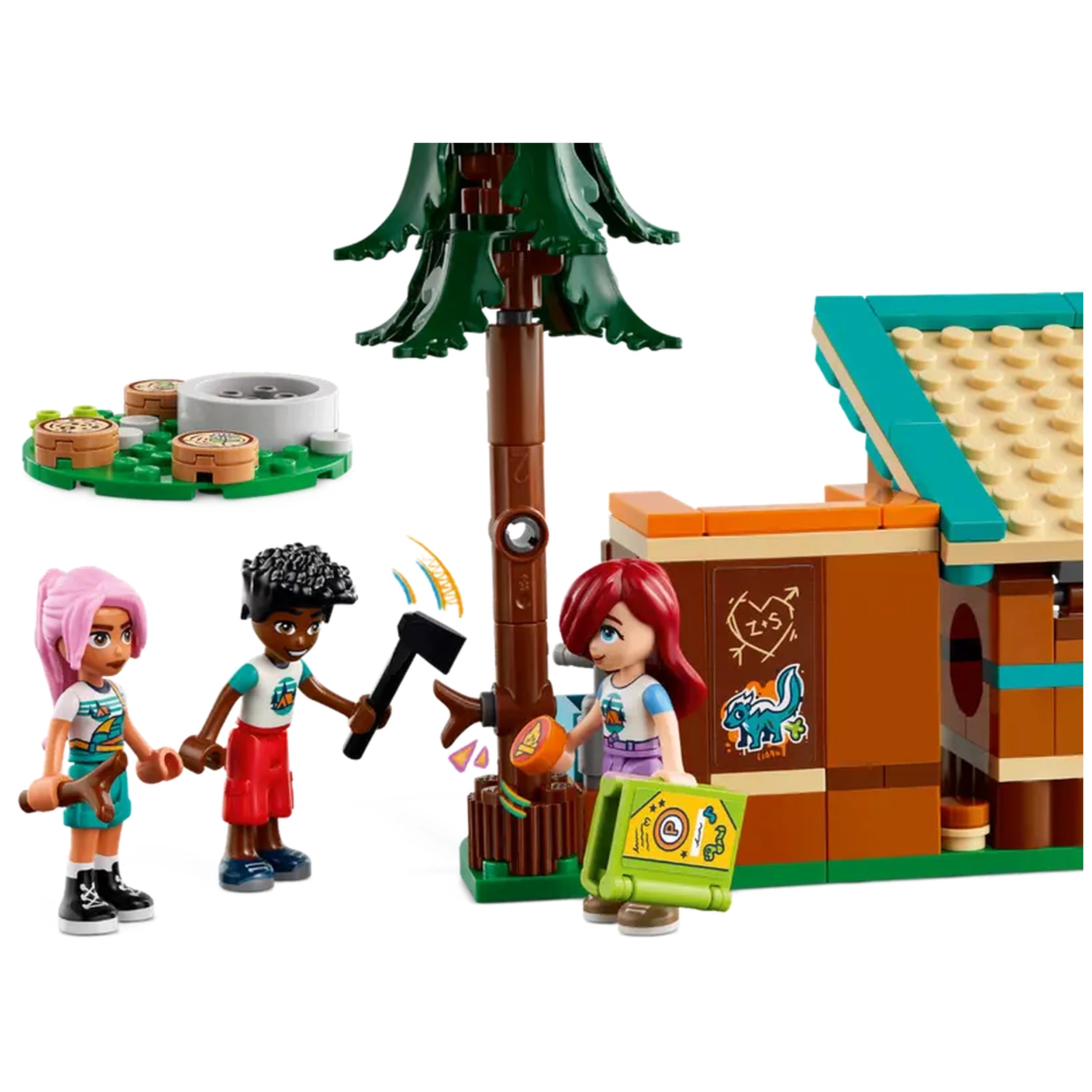 Three mini-dolls at a LEGO® Friends Adventure Camp scene, one wielding an axe near a tree, while another holds a green backpack, smiling. Two buildable cabins with colorful roofs and outdoor accessories complete the whimsical camping atmosphere.