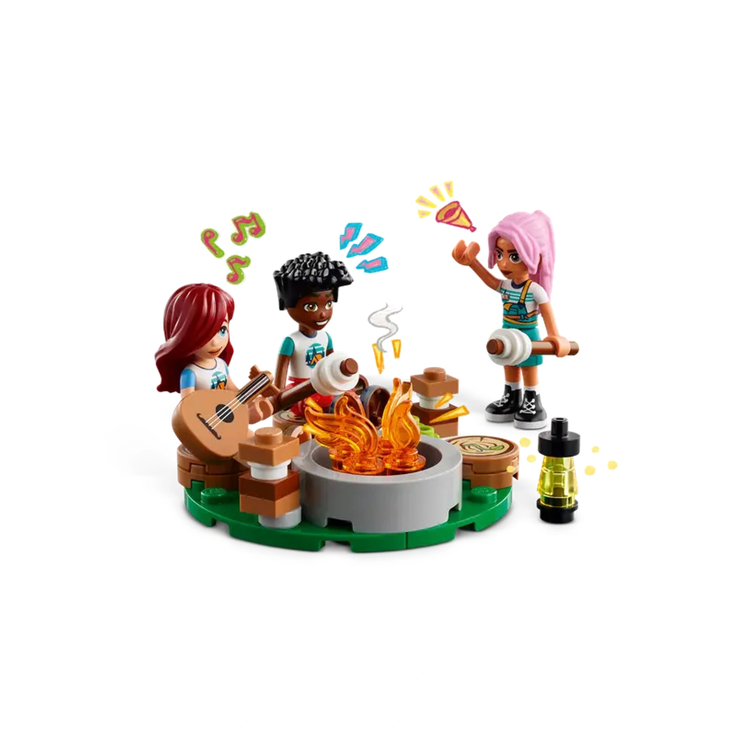 Three LEGO mini-dolls gather around a campfire, roasting marshmallows. One plays a guitar, while festive notes and sounds enhance the cozy camping scene. A lantern illuminates the playful atmosphere, with colorful elements suggesting fun and camaraderie in the great outdoors.