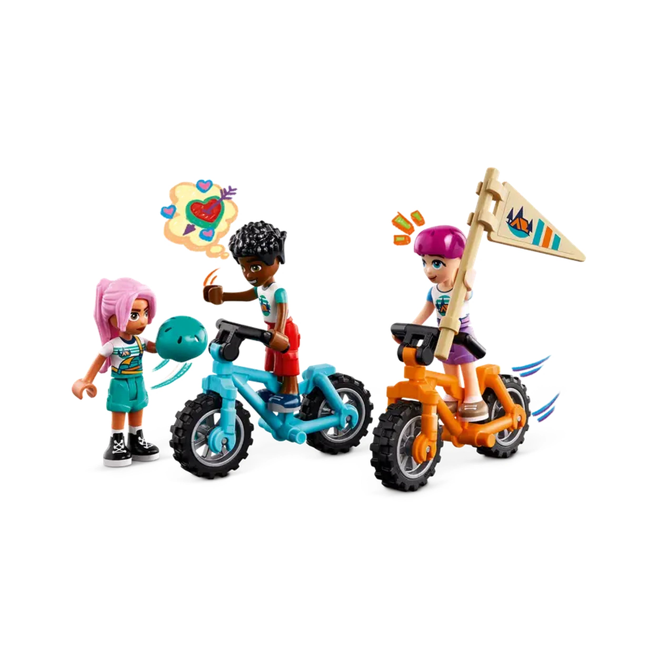Three mini-dolls from the LEGO® Friends set are enjoying their camping adventure. One doll holds a jellyfish while another gives a thumbs up on a blue bike. The third doll rides an orange bike with a flag, sporting a pink helmet. Colorful speech bubbles with hearts add excitement to the scene, emphasizing creativity and fun.