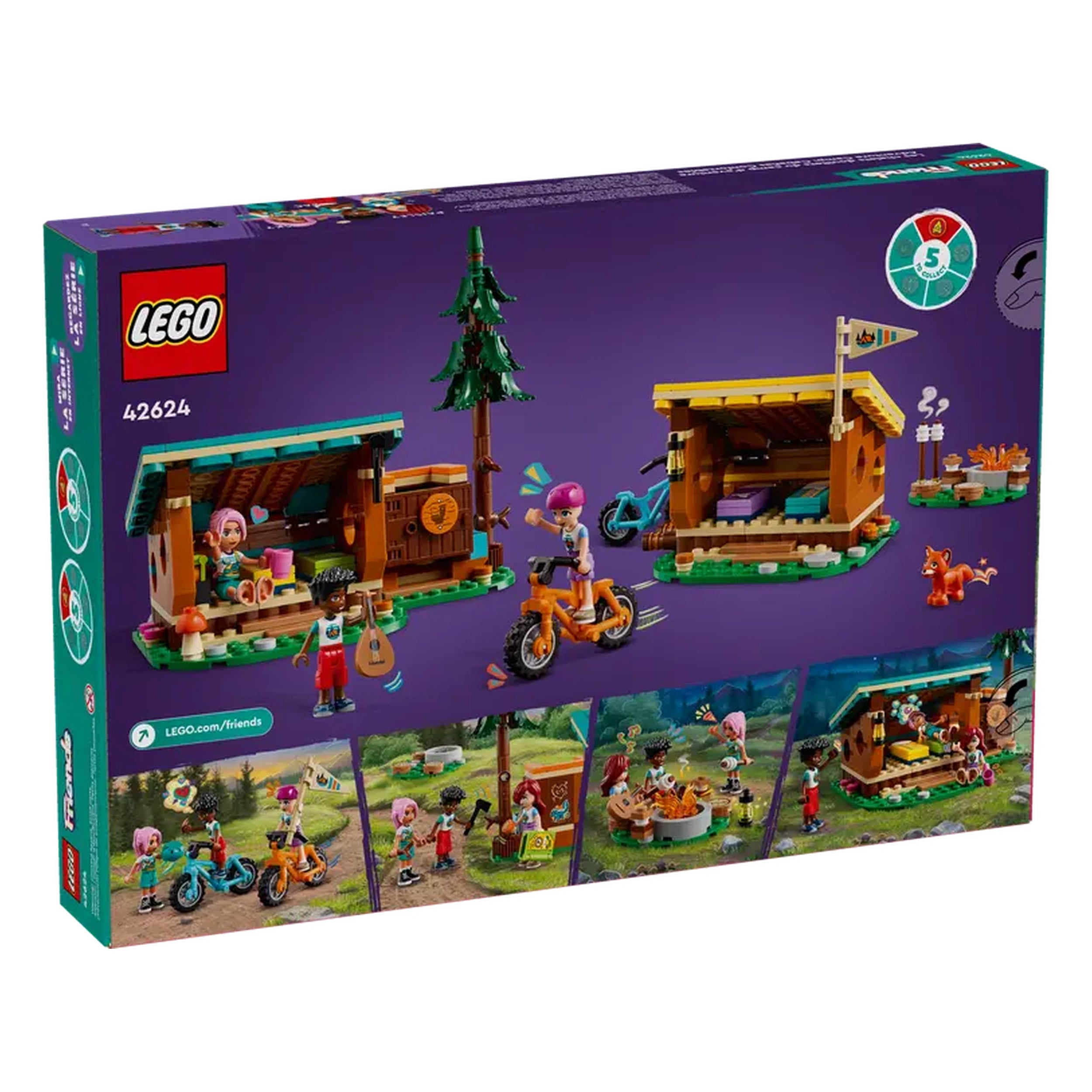 LEGO® Friends Adventure Camp Cozy Cabins set featuring two colorful cabins, three mini-dolls, a friendly fox, and camping accessories.