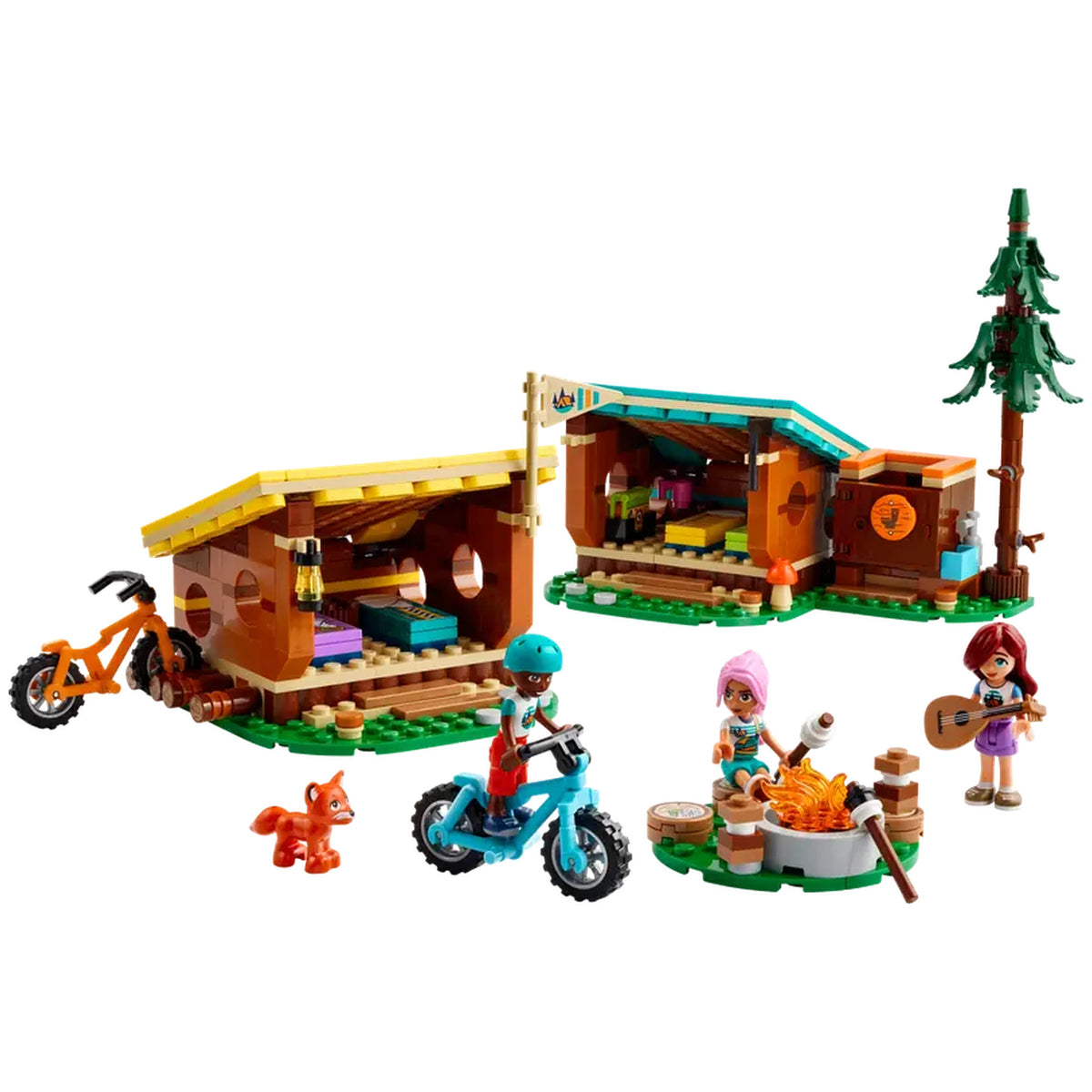 LEGO Friends Adventure Camp Cozy Cabins set featuring two colorful cabins, three mini-dolls, a fox, mountain bikes, and a campfire scene.