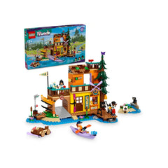 LEGO Friends Adventure Camp Water Sports set, featuring a colorful outdoor scene with a building, mini-dolls, kayaks, and a bear figure.