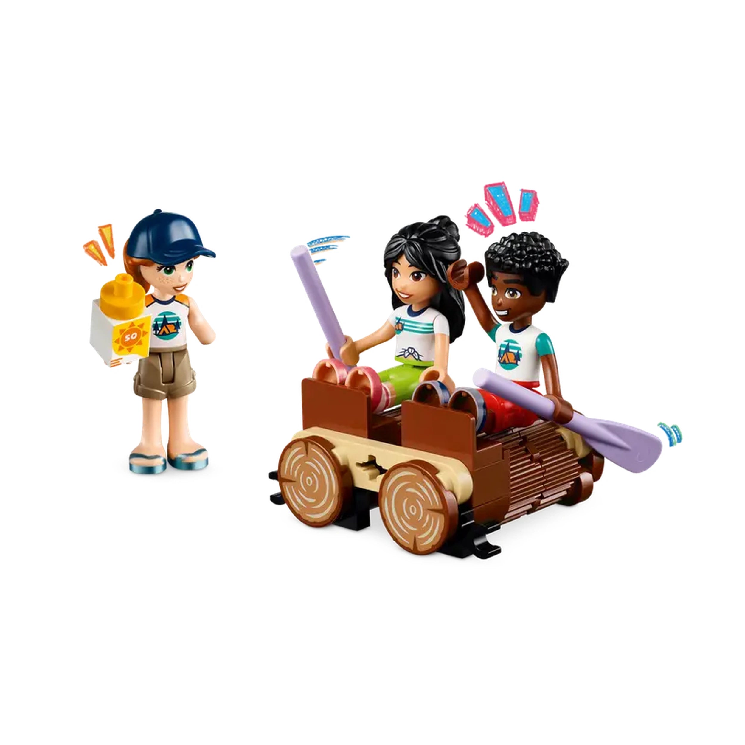 Three LEGO Friends mini-dolls are engaged in playful water sports. Two sit in a wooden raft, paddling with purple oars, while another stands beside them, holding a colorful LEGO accessory. The girls wear bright outfits, and the scene captures a sense of adventure and fun.