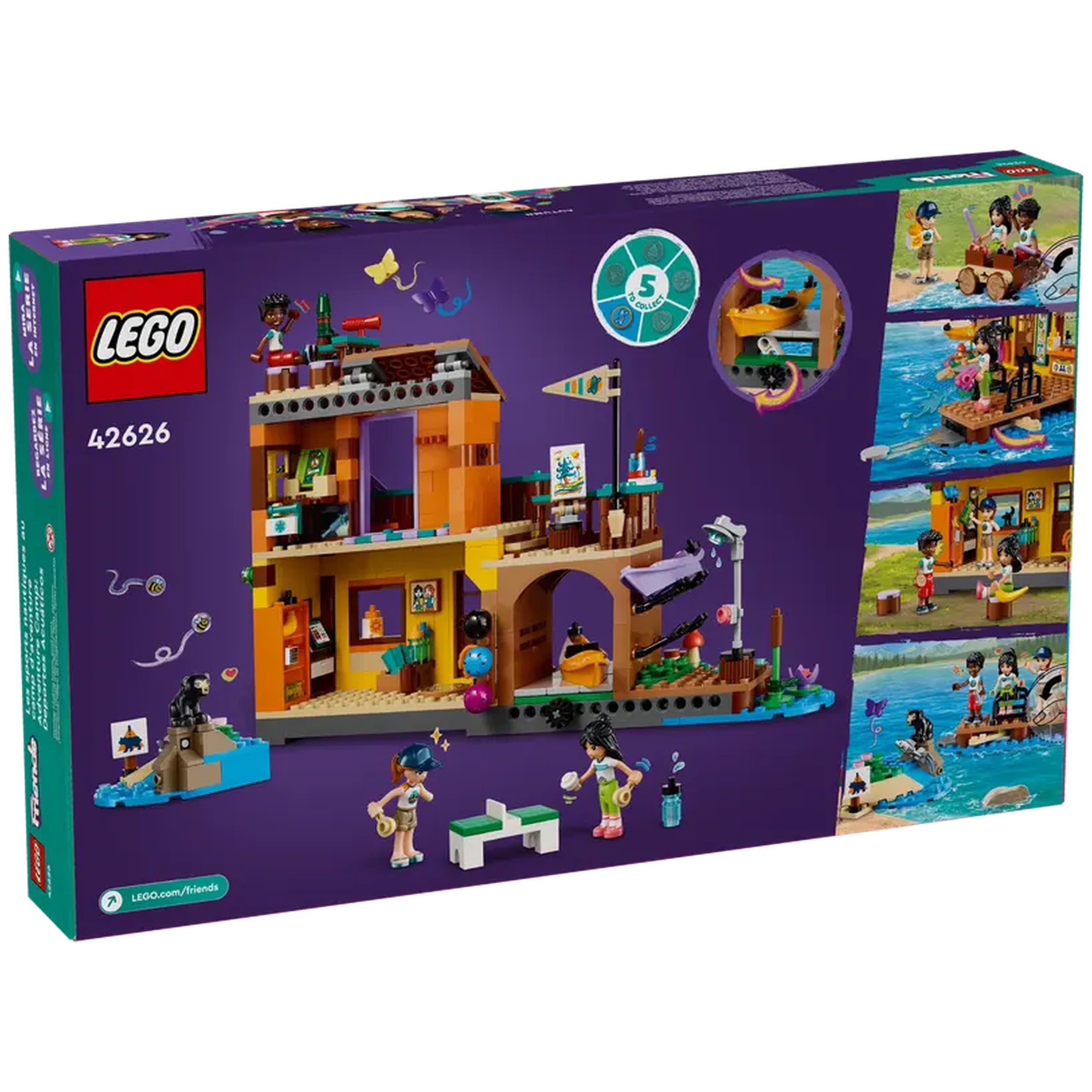 LEGO Friends Adventure Camp Water Sports set featuring vibrant building elements, three mini-dolls, and water activity accessories.