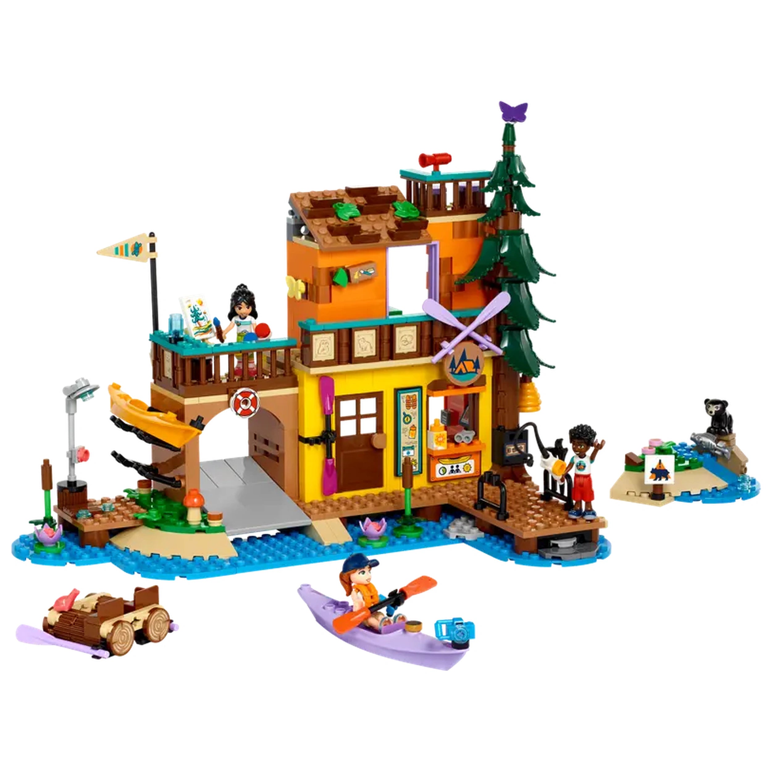 LEGO Friends Adventure Camp Water Sports set features a colorful building with three mini-dolls, kayaks, and outdoor accessories by the water.