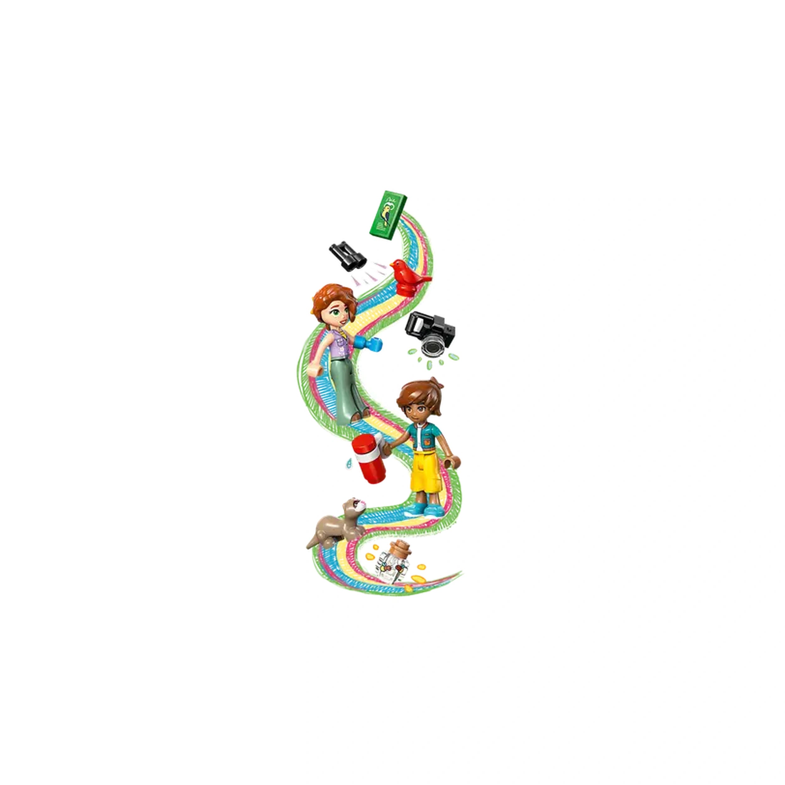 Two mini-dolls, Autumn and Leo, surrounded by colorful accessories, including a camera, bird, and playful ferret, on a winding, vibrant path representing creativity and friendship in nature.