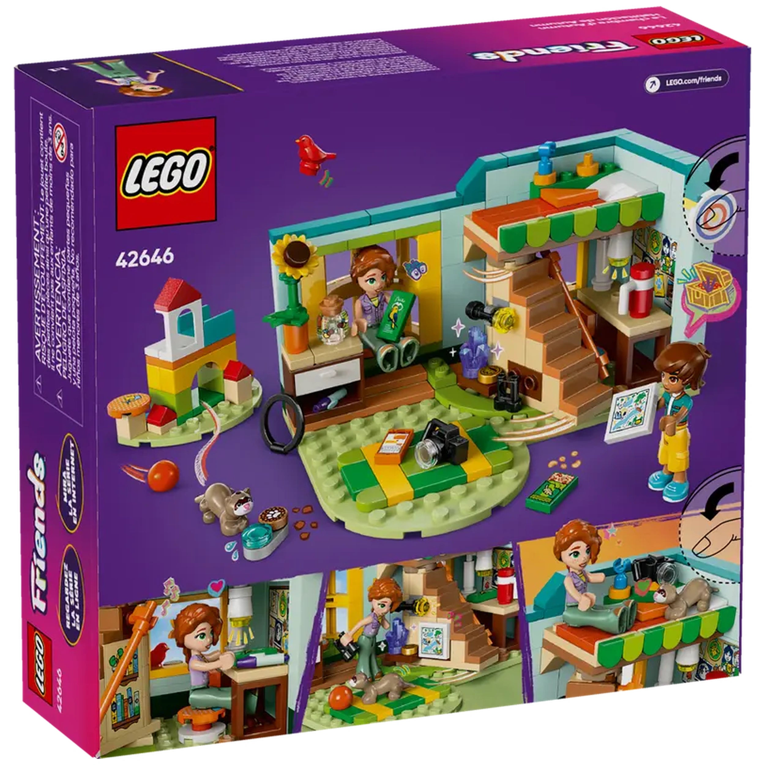 LEGO® Friends Autumn's Room construction set featuring two mini-dolls, Autumn and Leo, surrounded by colorful accessories and playful elements, including animals and building blocks.
