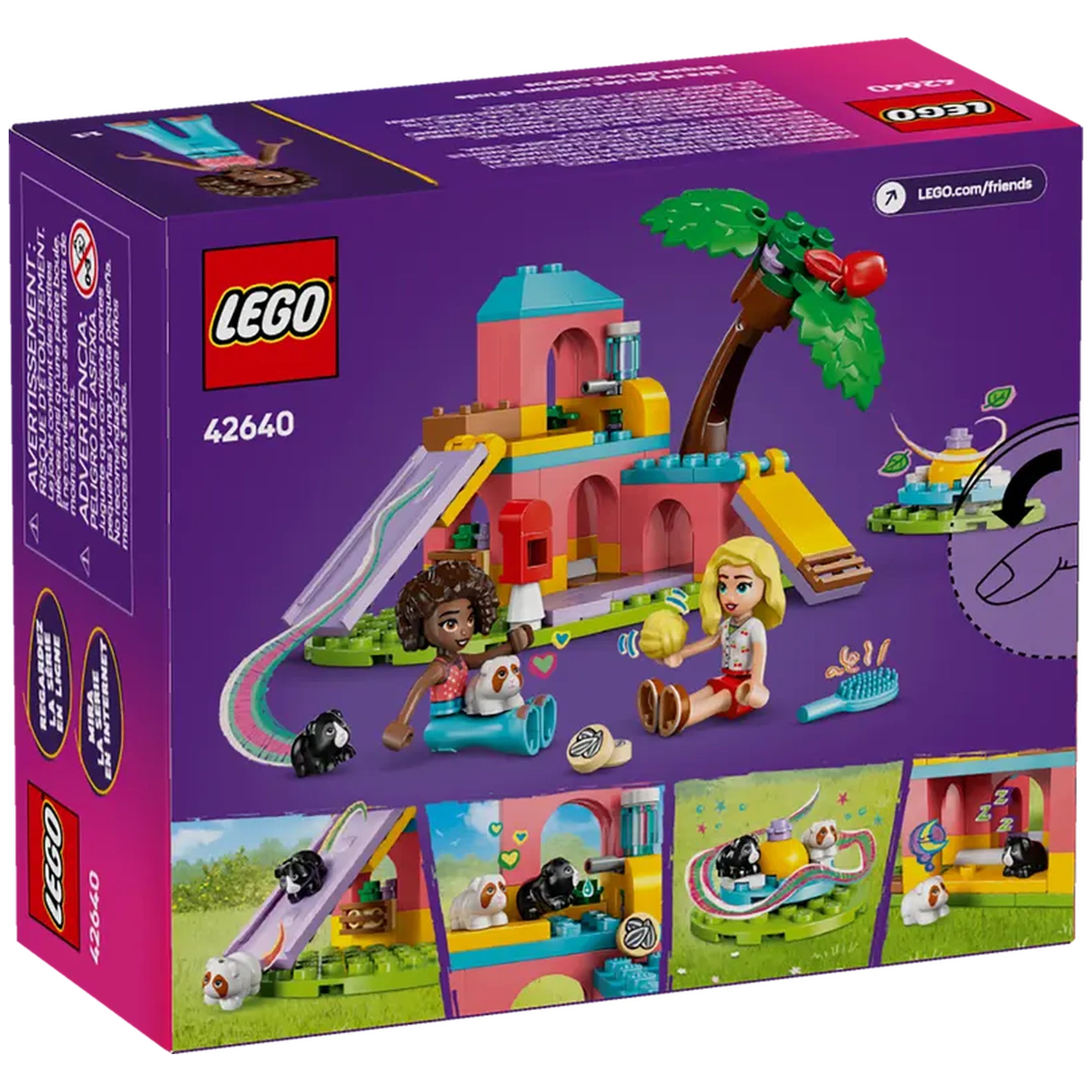 Colorful LEGO Friends Guinea Pig Playground set features two minidolls, guinea pigs, a slide, and a palm tree, inviting imaginative play.