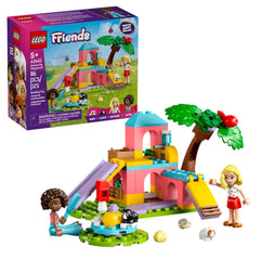 LEGO® Friends Guinea Pig Playground set features a colorful playset with a slide, palm trees, and two minidolls interacting with adorable guinea pig figures and various accessories.