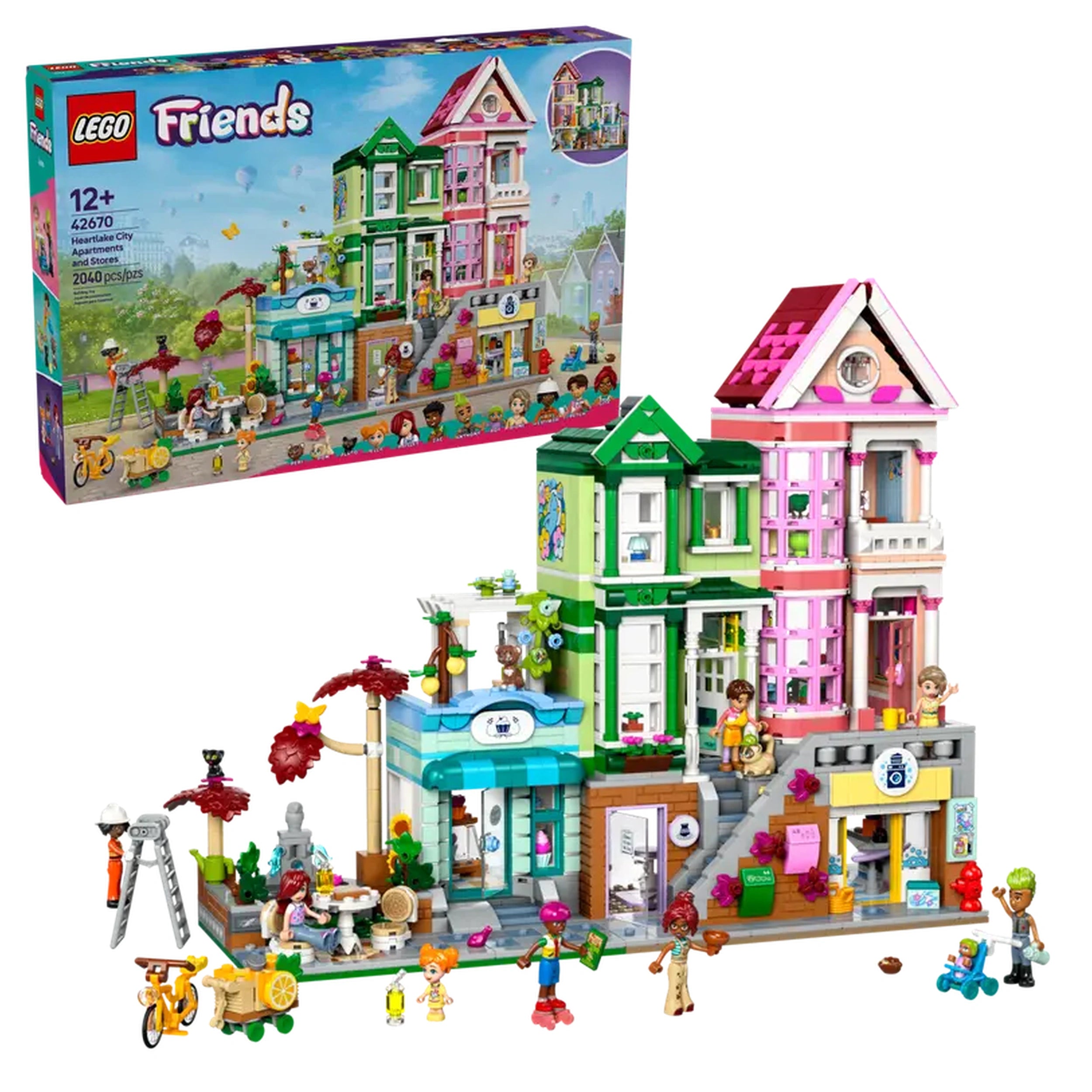 Colorful LEGO® Friends Heartlake City Apartments set featuring three distinct buildings, characters interacting, and detailed accessories.
