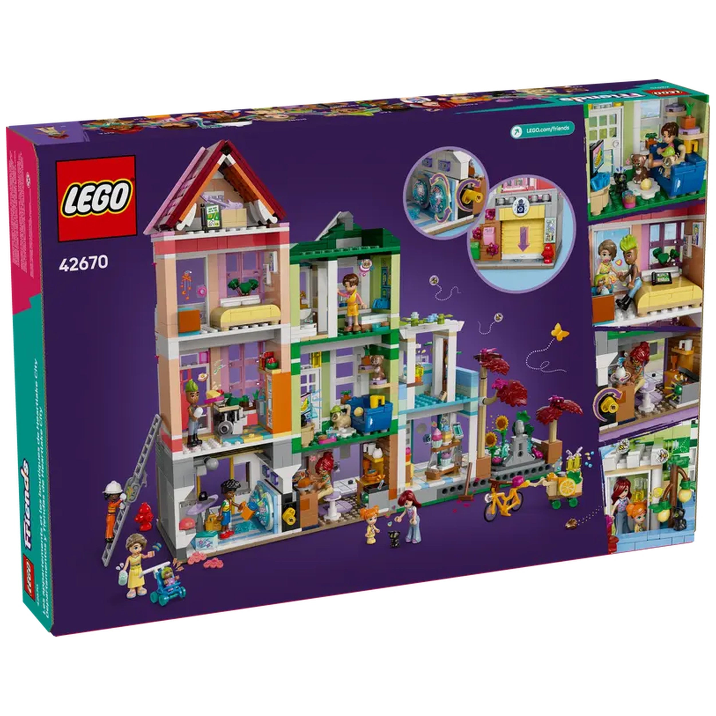 Colorful LEGO® Friends Heartlake City Apartments set featuring three detailed buildings with vibrant interiors, mini-figures, and accessories.