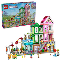 Colorful LEGO® Friends Heartlake City Apartments set featuring three distinct buildings, characters interacting, and detailed accessories.