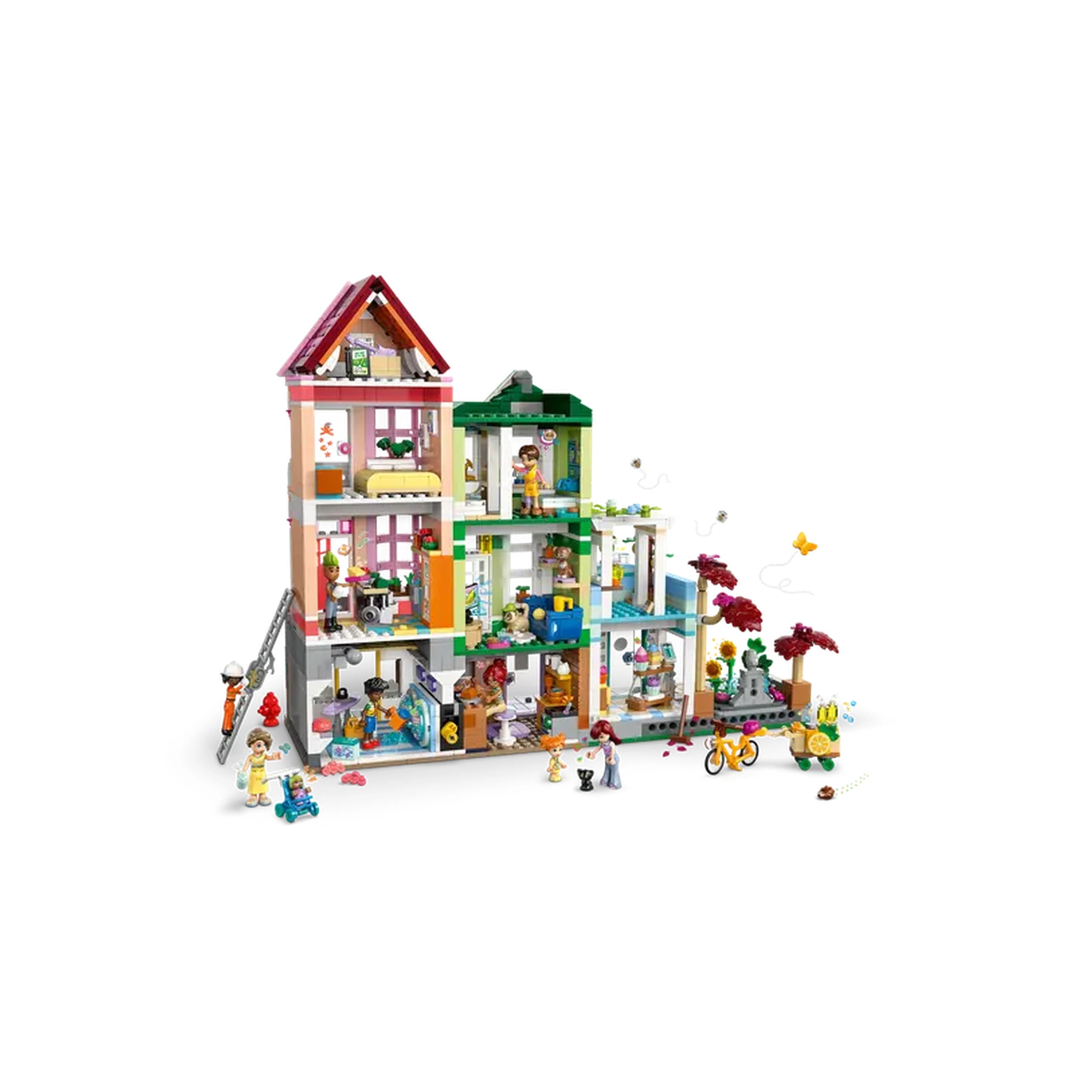 Three colorful LEGO houses in a Heartlake City setting, featuring rooms with unique details, figures, and outdoor accessories like trees and a bicycle.