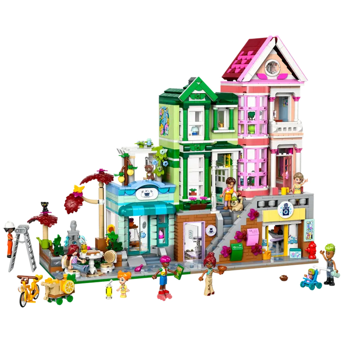 Colorful three-story LEGO® Friends Heartlake City apartments and stores set, featuring characters, trees, and playful accessories.