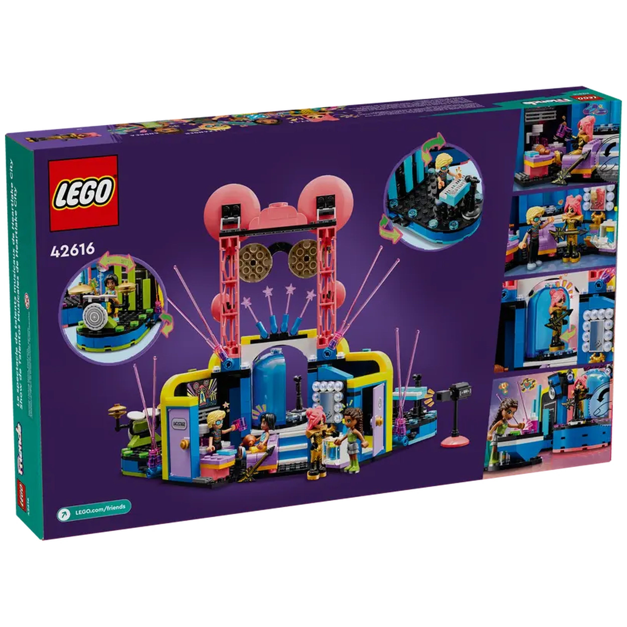 Colorful LEGO® Friends Heartlake City Music Talent Show set with a vibrant stage, surrounded by mini-dolls and music accessories, showcasing a talent contest theme.